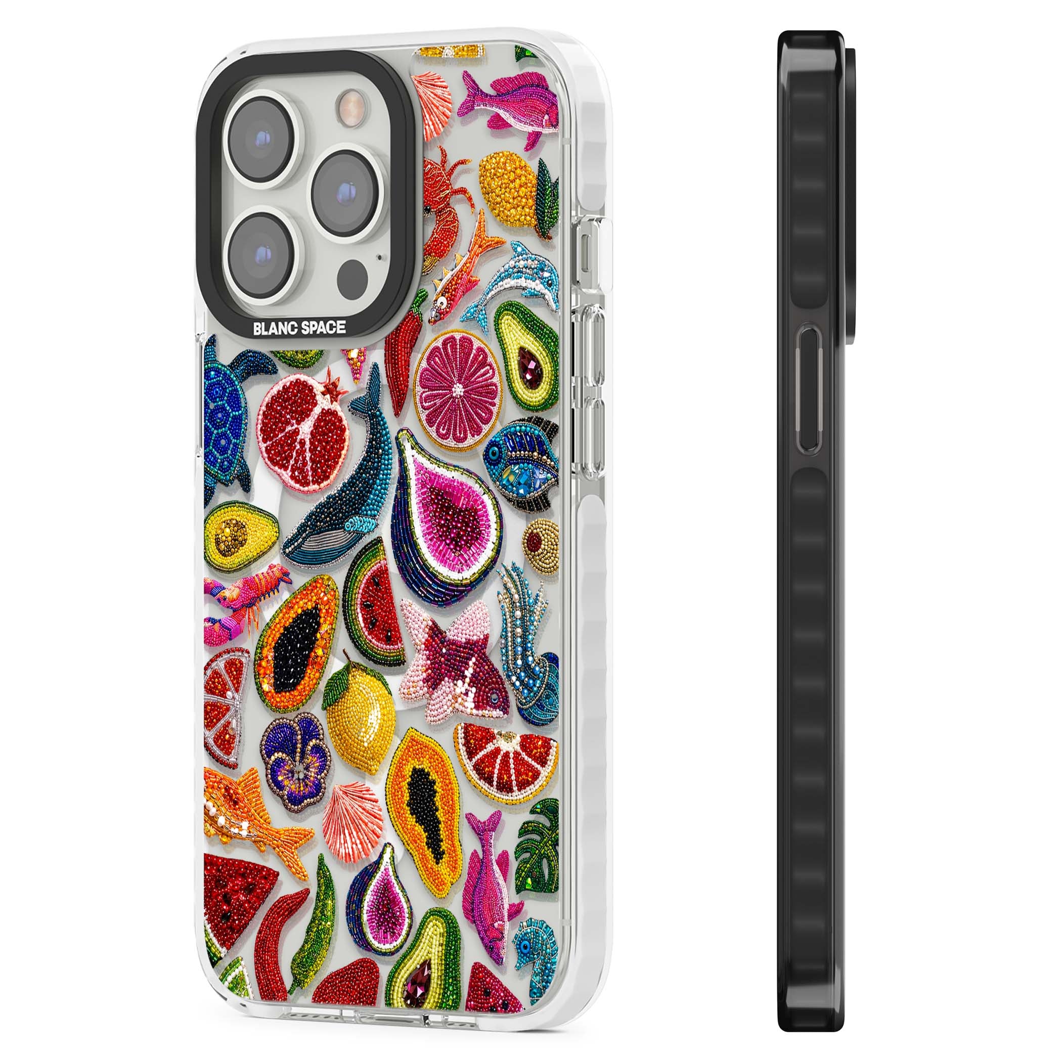 Beaded Tropic tropical iPhone case featuring beaded fruit, fish, crabs and seashells in vibrant colour | Impact Magsafe case for iPhone 13 Pro, iPhone 14 Pro, iPhone 15 Pro