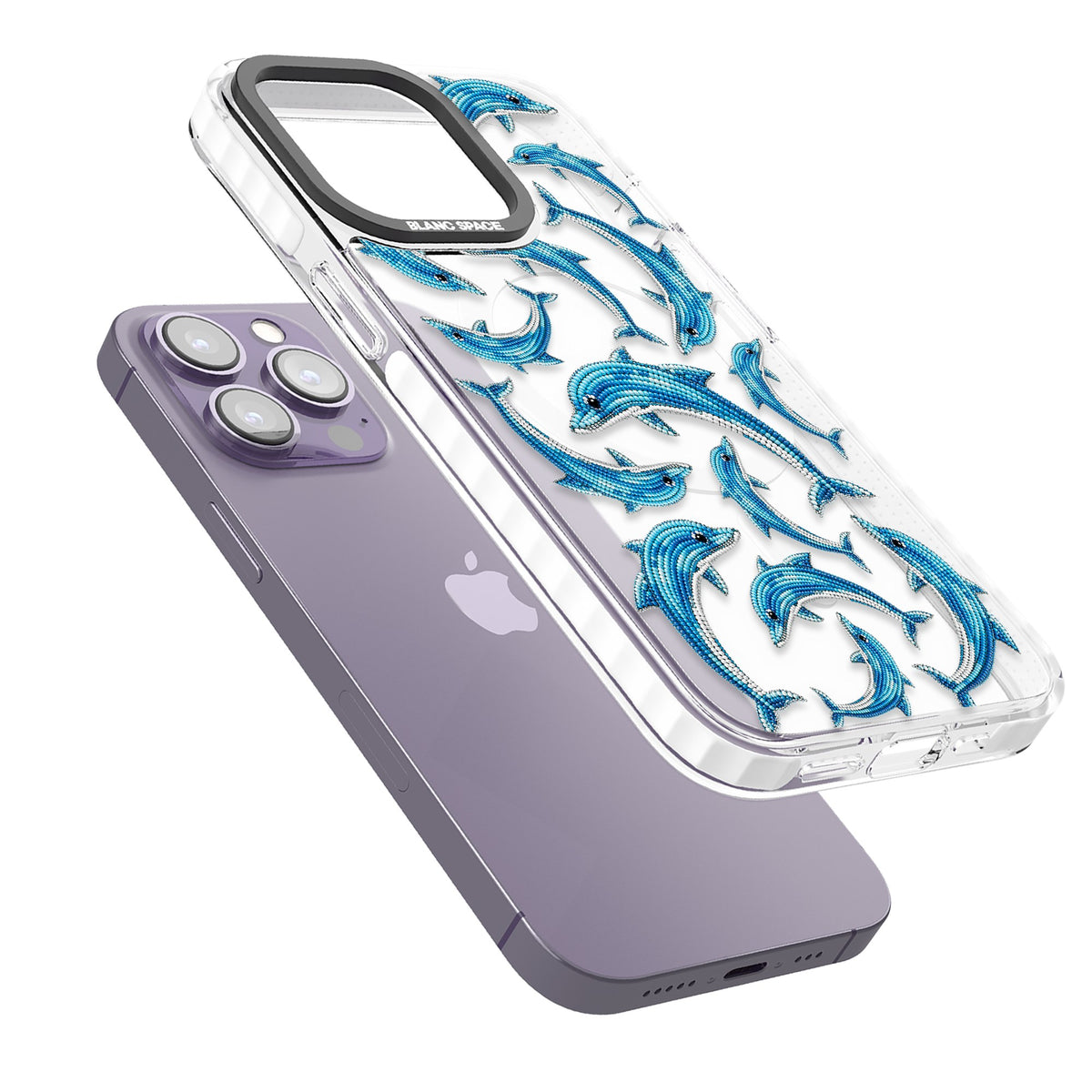 Beaded Dolphins iPhone 13 Pro / iPhone 13 Pro Max / iPhone 14 Pro / iPhone 14 Pro Max / iPhone 15 Pro / iPhone 15 Pro Max Impact Pro Clear Phone Case angled
