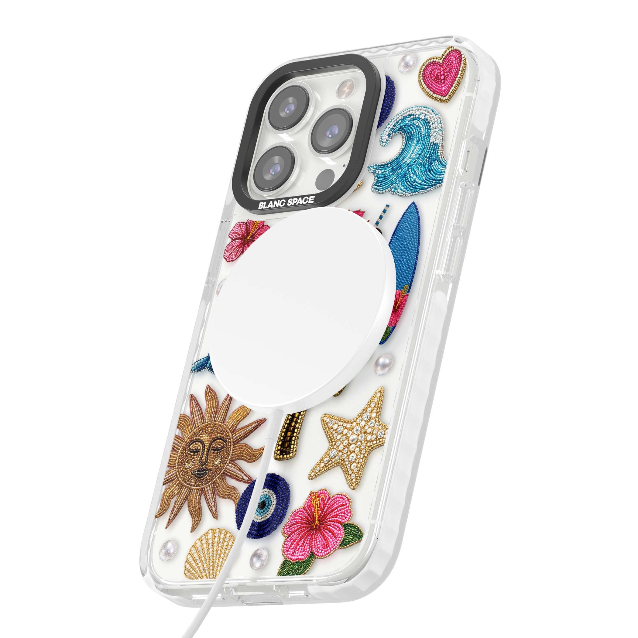 Beaded Beach coastal summer iPhone case featuring embroidered evil eye, hibiscus flowers, dolphin and palm tree patches | Impact Magsafe case for iPhone 13 Pro, iPhone 14 Pro, iPhone 15 Pro