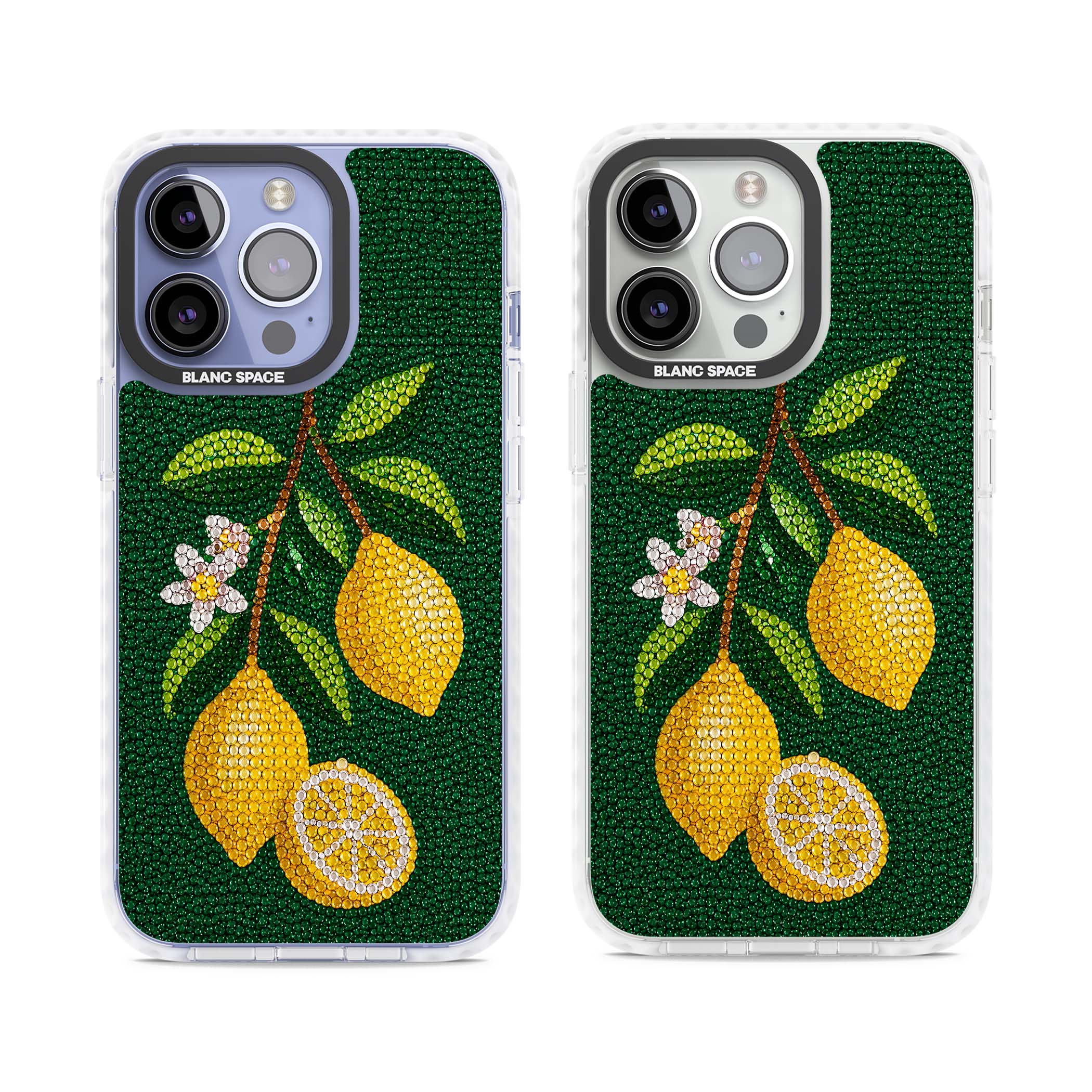 Beaded Lemons coastal iPhone case featuring crystal-beaded lemons, citrus blossom and green leaves on emerald ground | Impact Magsafe case for iPhone 13 Pro, iPhone 14 Pro, iPhone 15 Pro