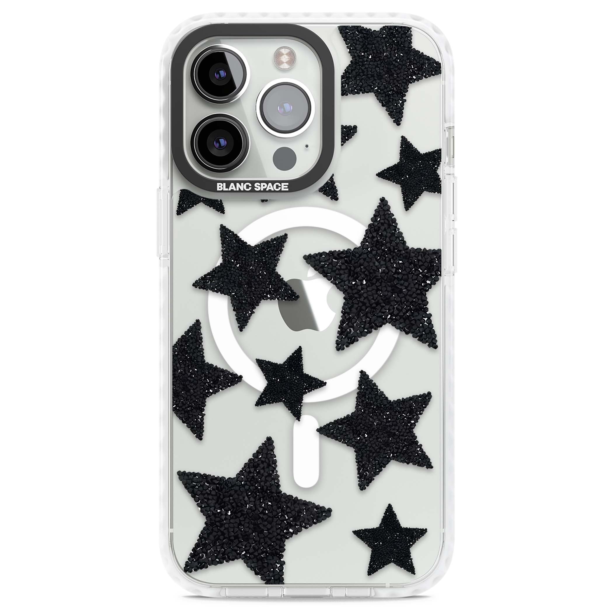 Beaded Black Stars celestial iPhone case featuring black glitter beaded stars scattered on a clear background | Impact Magsafe case for iPhone 13 Pro, iPhone 14 Pro, iPhone 15 Pro