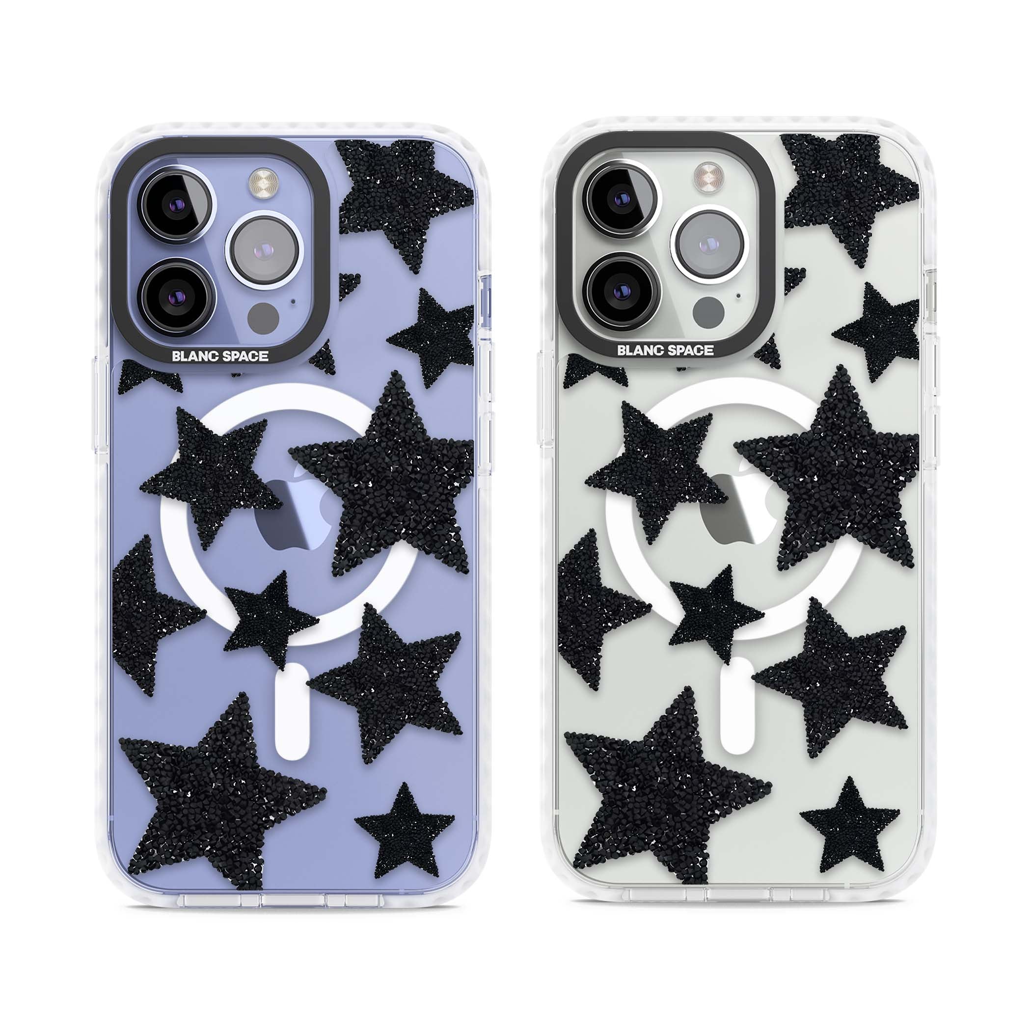 Beaded Black Stars celestial iPhone case featuring black glitter beaded stars scattered on a clear background | Impact Magsafe case for iPhone 13 Pro, iPhone 14 Pro, iPhone 15 Pro