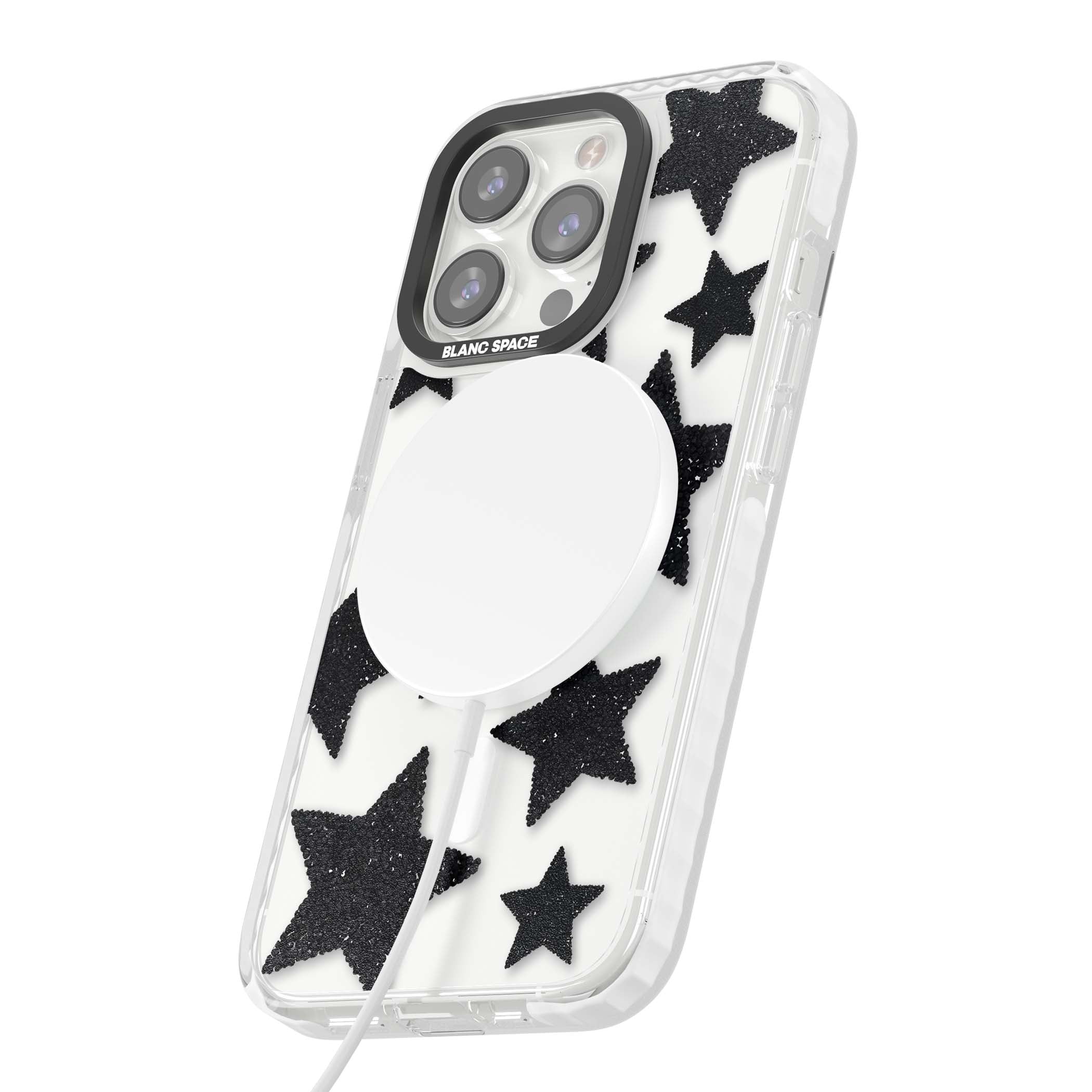 Beaded Black Stars celestial iPhone case featuring black glitter beaded stars scattered on a clear background | Impact Magsafe case for iPhone 13 Pro, iPhone 14 Pro, iPhone 15 Pro
