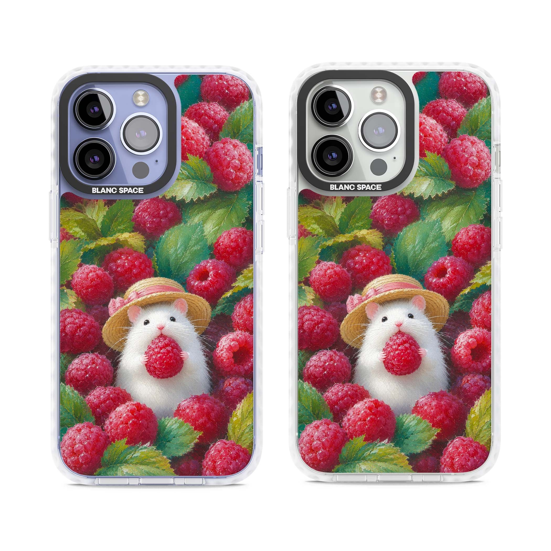 Berry Forager cottagecore iPhone case featuring a white hamster in a straw hat holding a raspberry surrounded by ripe ber | Impact Magsafe case for iPhone 13 Pro, iPhone 14 Pro, iPhone 15 Pro