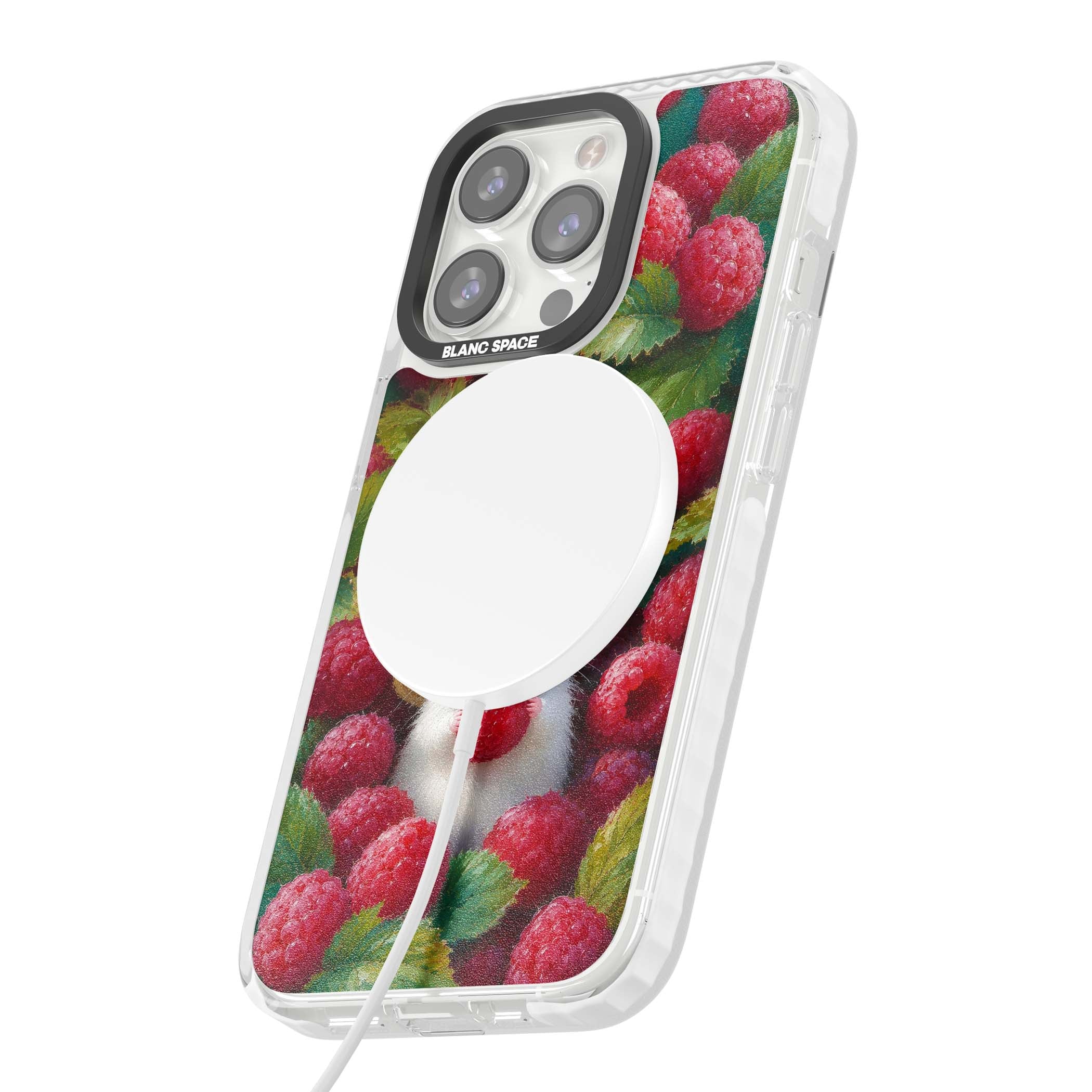 Berry Forager cottagecore iPhone case featuring a white hamster in a straw hat holding a raspberry surrounded by ripe ber | Impact Magsafe case for iPhone 13 Pro, iPhone 14 Pro, iPhone 15 Pro