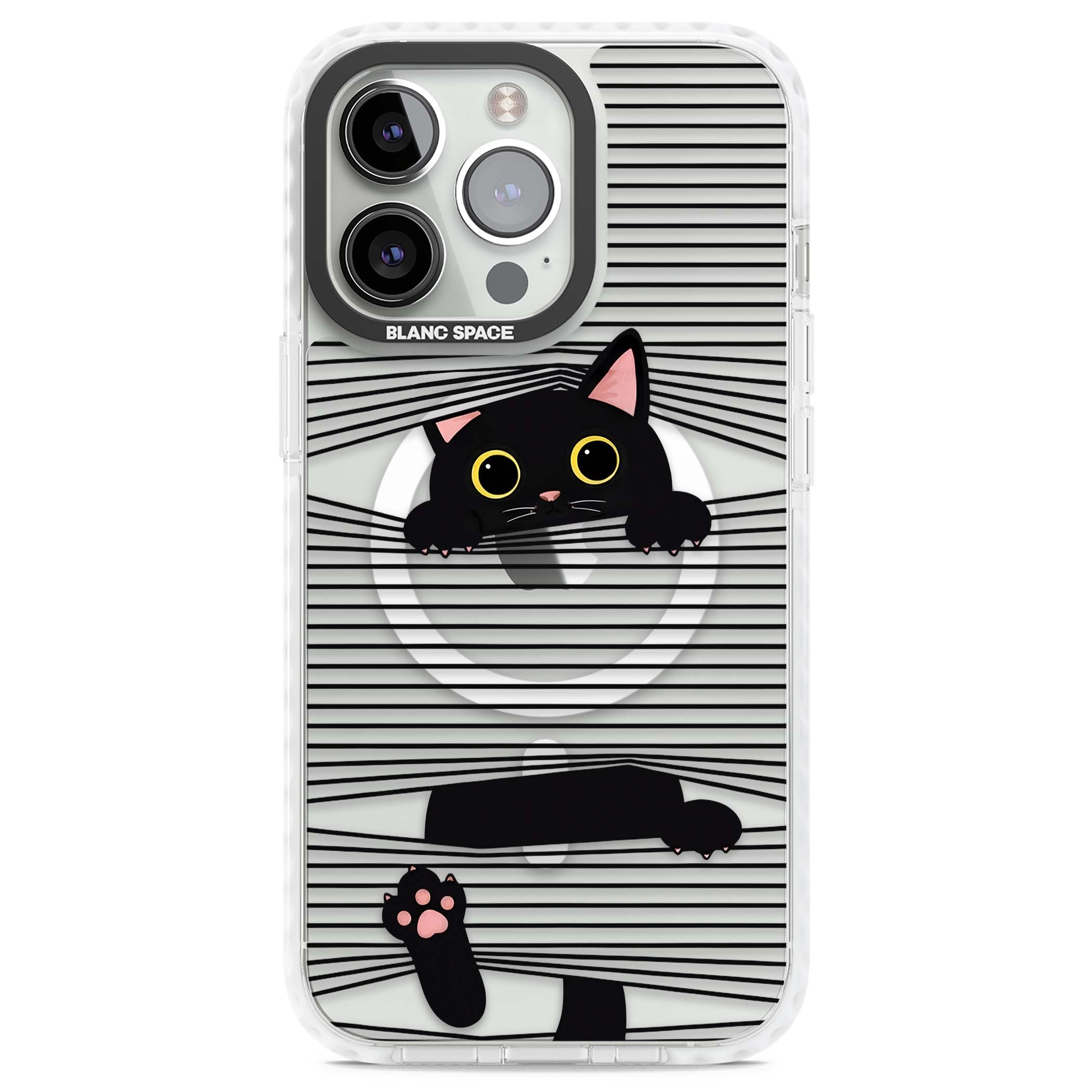 Peek-a-Boo Cat minimal iPhone case featuring black cat peeking through horizontal black and white stripes | Impact Magsafe case for iPhone 13 Pro, iPhone 14 Pro, iPhone 15 Pro
