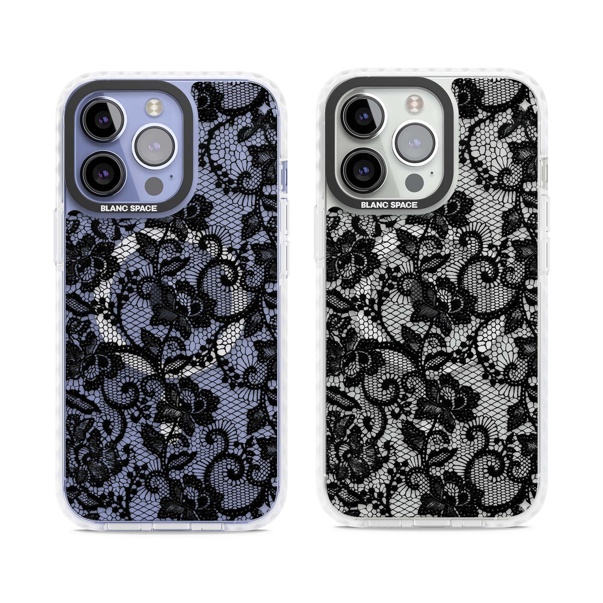 Black Lace gothic iPhone case featuring intricate black floral lace pattern with vintage whimsigoth detail | Impact Magsafe case for iPhone 13 Pro, iPhone 14 Pro, iPhone 15 Pro
