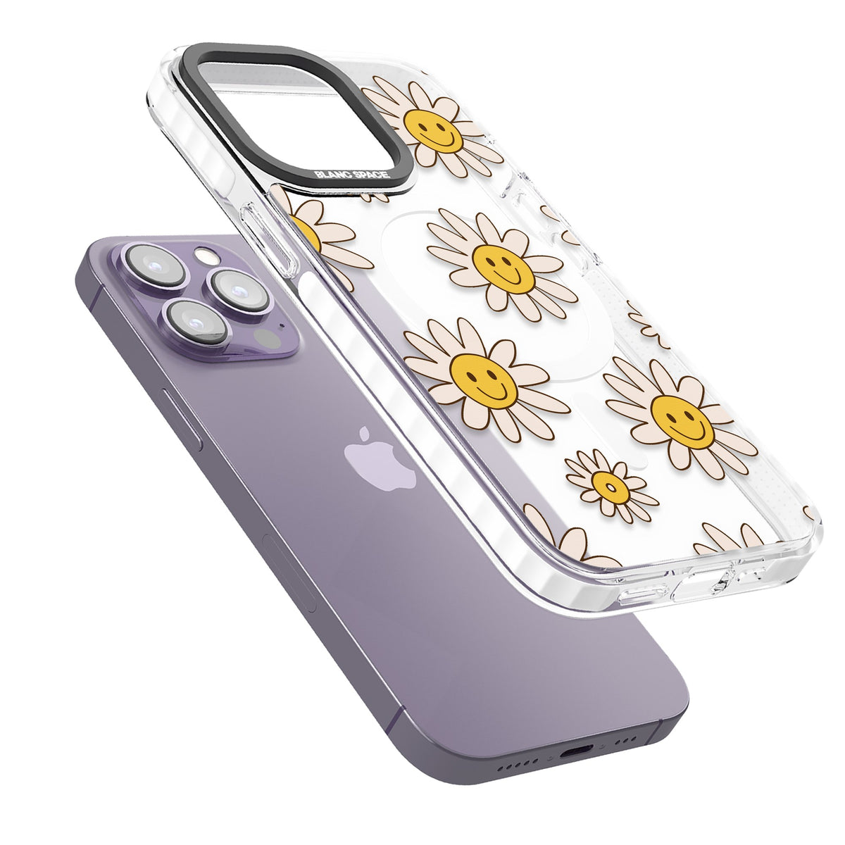 Daisy Faces iPhone 13 Pro / iPhone 13 Pro Max / iPhone 14 Pro / iPhone 14 Pro Max / iPhone 15 Pro / iPhone 15 Pro Max Impact Pro Clear Phone Case angled