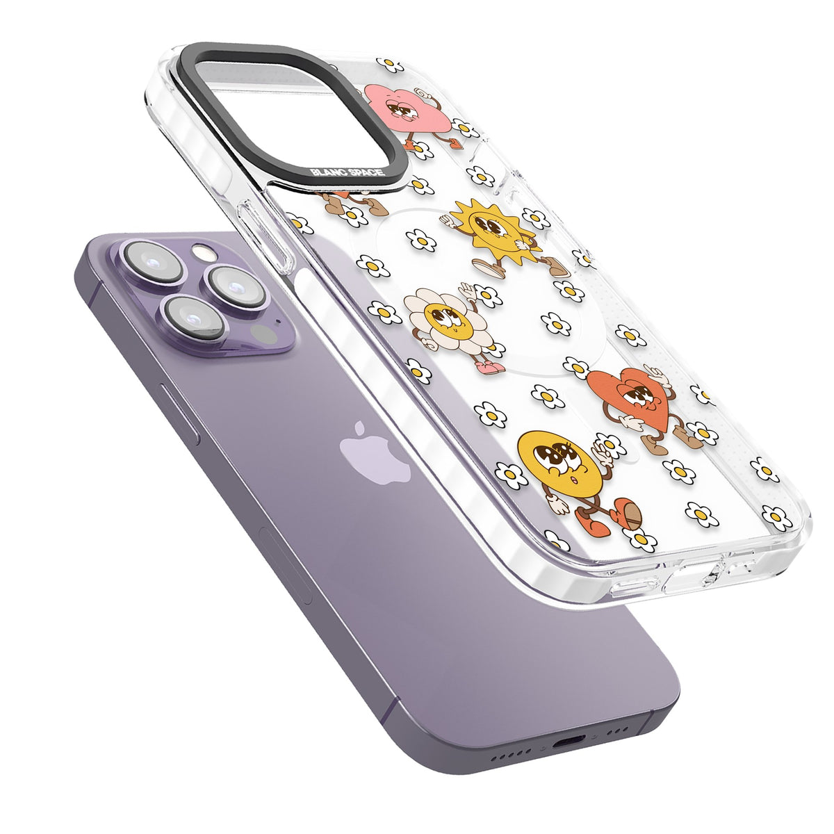 Daisies & Friends iPhone 13 Pro / iPhone 13 Pro Max / iPhone 14 Pro / iPhone 14 Pro Max / iPhone 15 Pro / iPhone 15 Pro Max Impact Pro Clear Phone Case angled