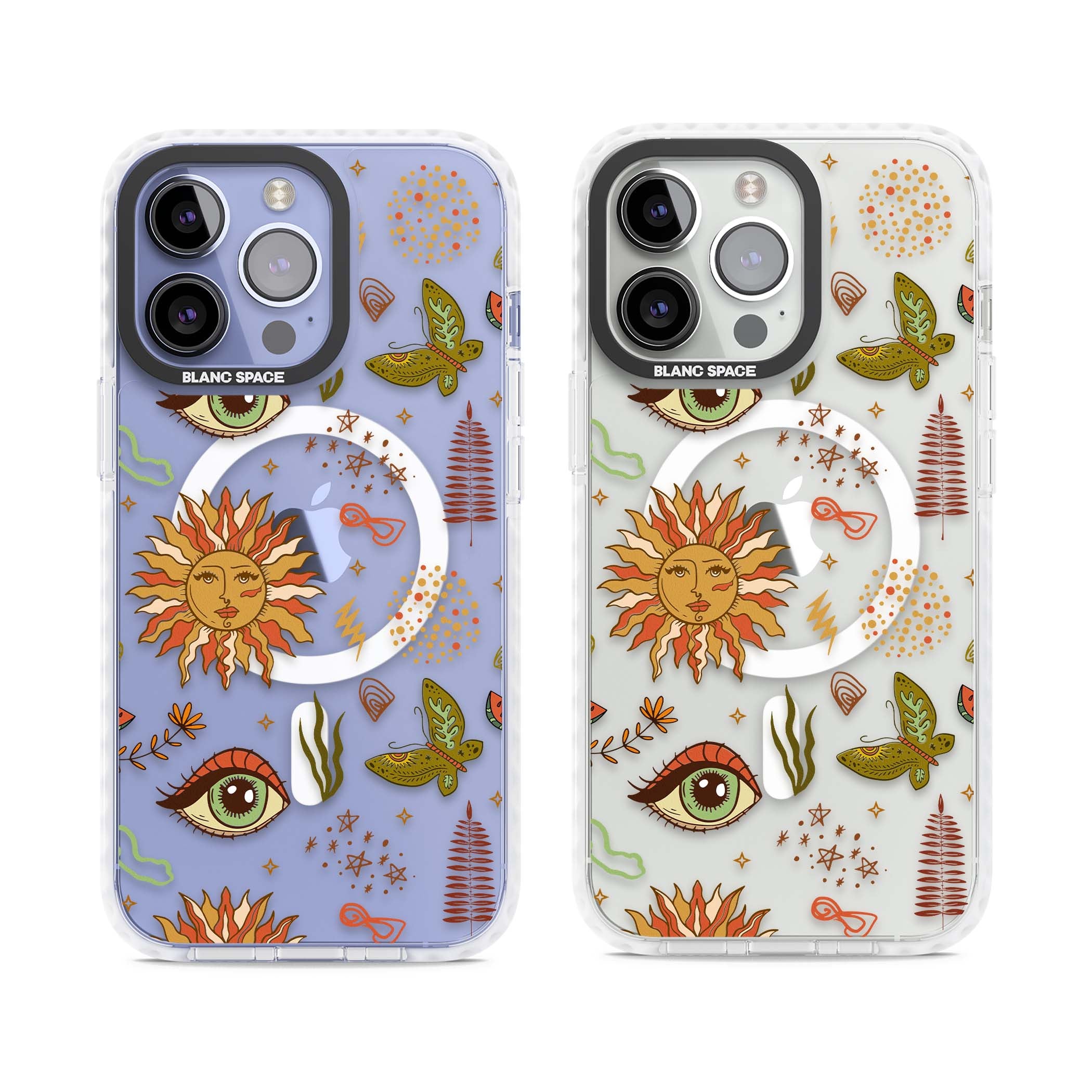 Elevate Your Phone'S Style With This Boho Celestial Sun & Eye Phone Case, Featuring A Mystical Blend Of Suns, All-Seeing Eyes, Butterflies, Stars, And
