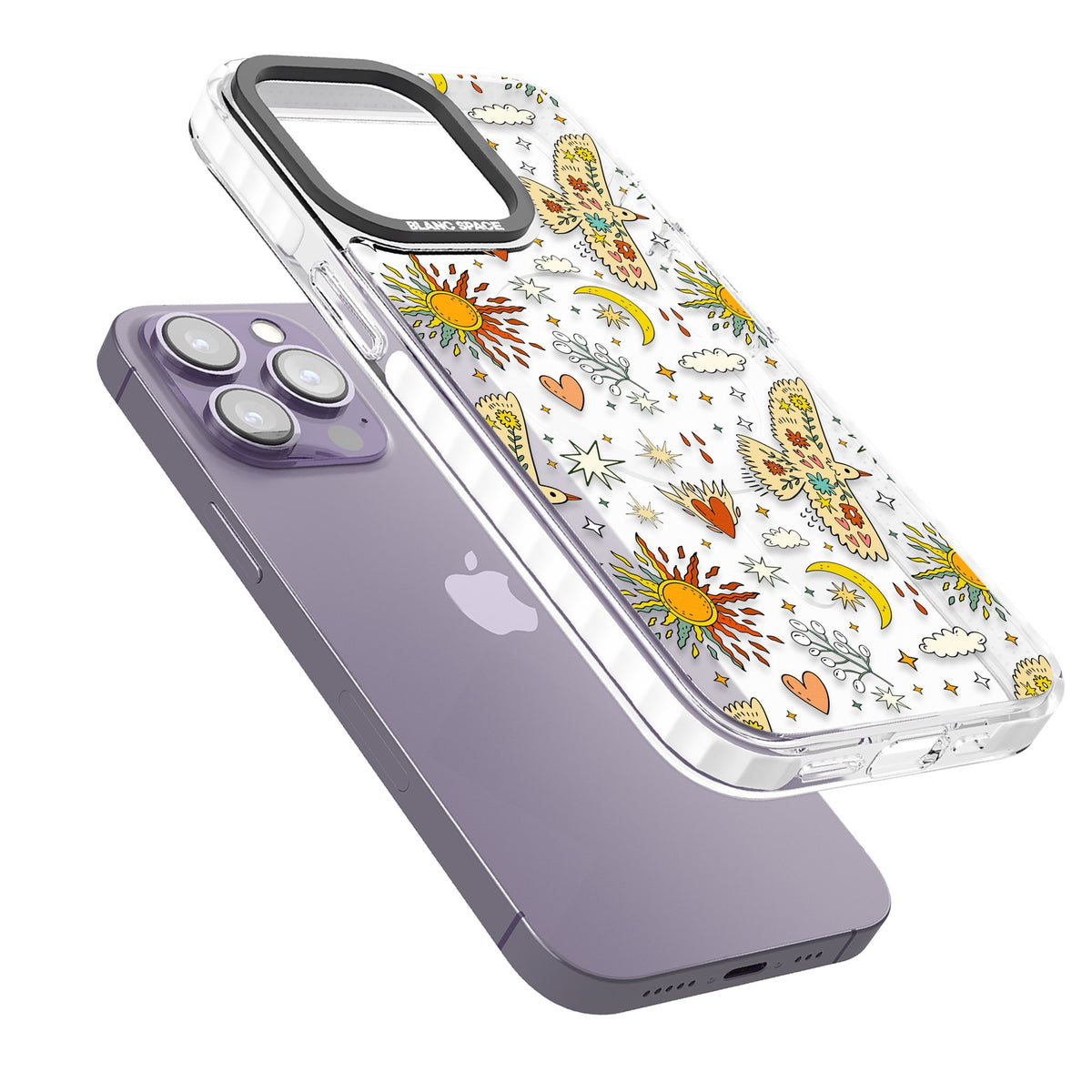 Boho Mystic Birds iPhone 13 Pro / iPhone 13 Pro Max / iPhone 14 Pro / iPhone 14 Pro Max / iPhone 15 Pro / iPhone 15 Pro Max Impact Pro Clear Phone Case angled