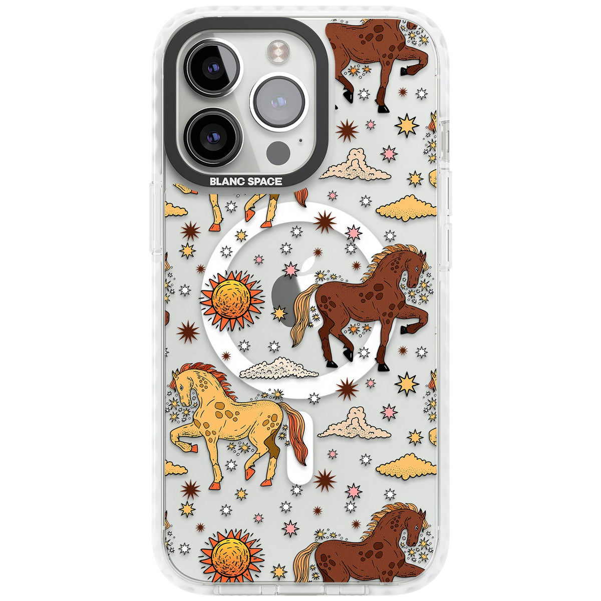 Boho Celestial Wild Horses iPhone 13 Pro / iPhone 13 Pro Max / iPhone 14 Pro / iPhone 14 Pro Max / iPhone 15 Pro / iPhone 15 Pro Max Impact Pro Clear Phone Case front