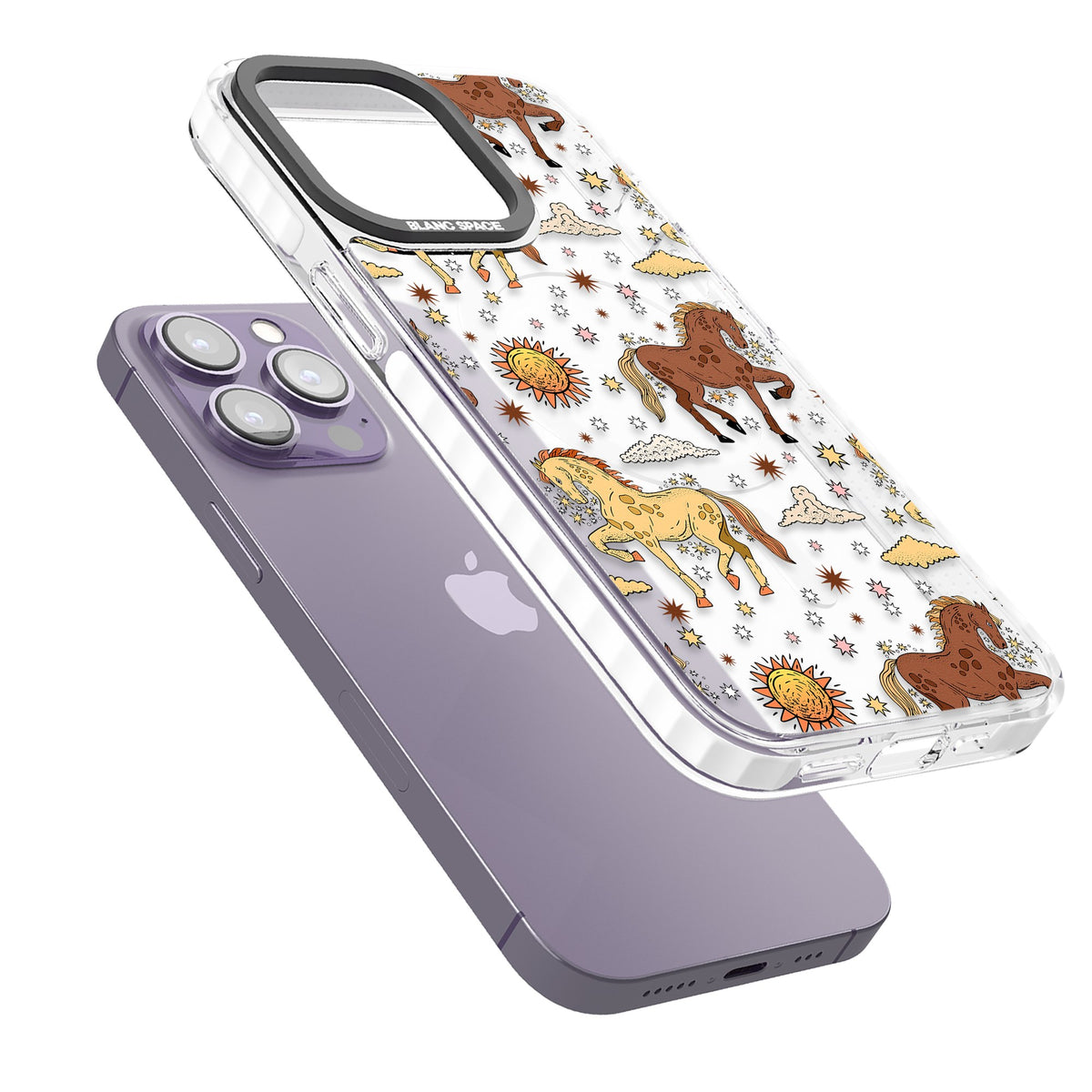 Boho Celestial Wild Horses iPhone 13 Pro / iPhone 13 Pro Max / iPhone 14 Pro / iPhone 14 Pro Max / iPhone 15 Pro / iPhone 15 Pro Max Impact Pro Clear Phone Case angled