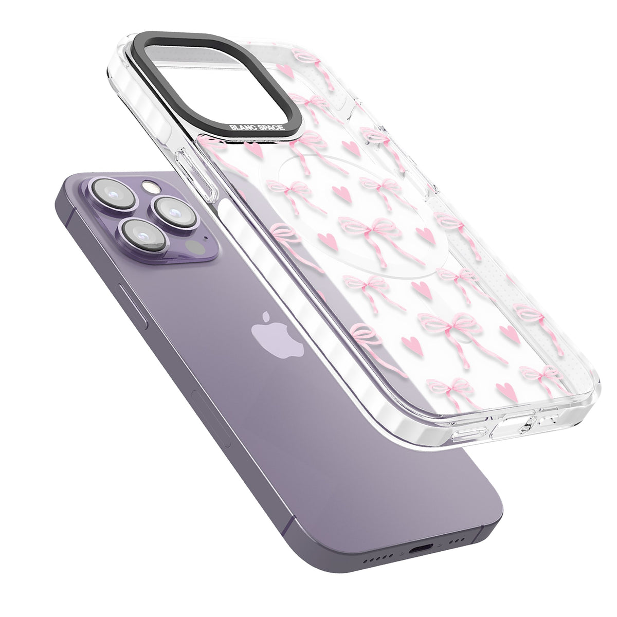 Pink Bows & Hearts iPhone 13 Pro / iPhone 13 Pro Max / iPhone 14 Pro / iPhone 14 Pro Max / iPhone 15 Pro / iPhone 15 Pro Max Impact Pro Clear Phone Case angled