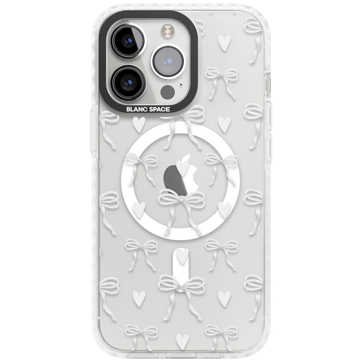 White Bows & Hearts iPhone 13 Pro / iPhone 13 Pro Max / iPhone 14 Pro / iPhone 14 Pro Max / iPhone 15 Pro / iPhone 15 Pro Max Impact Pro Clear Phone Case front