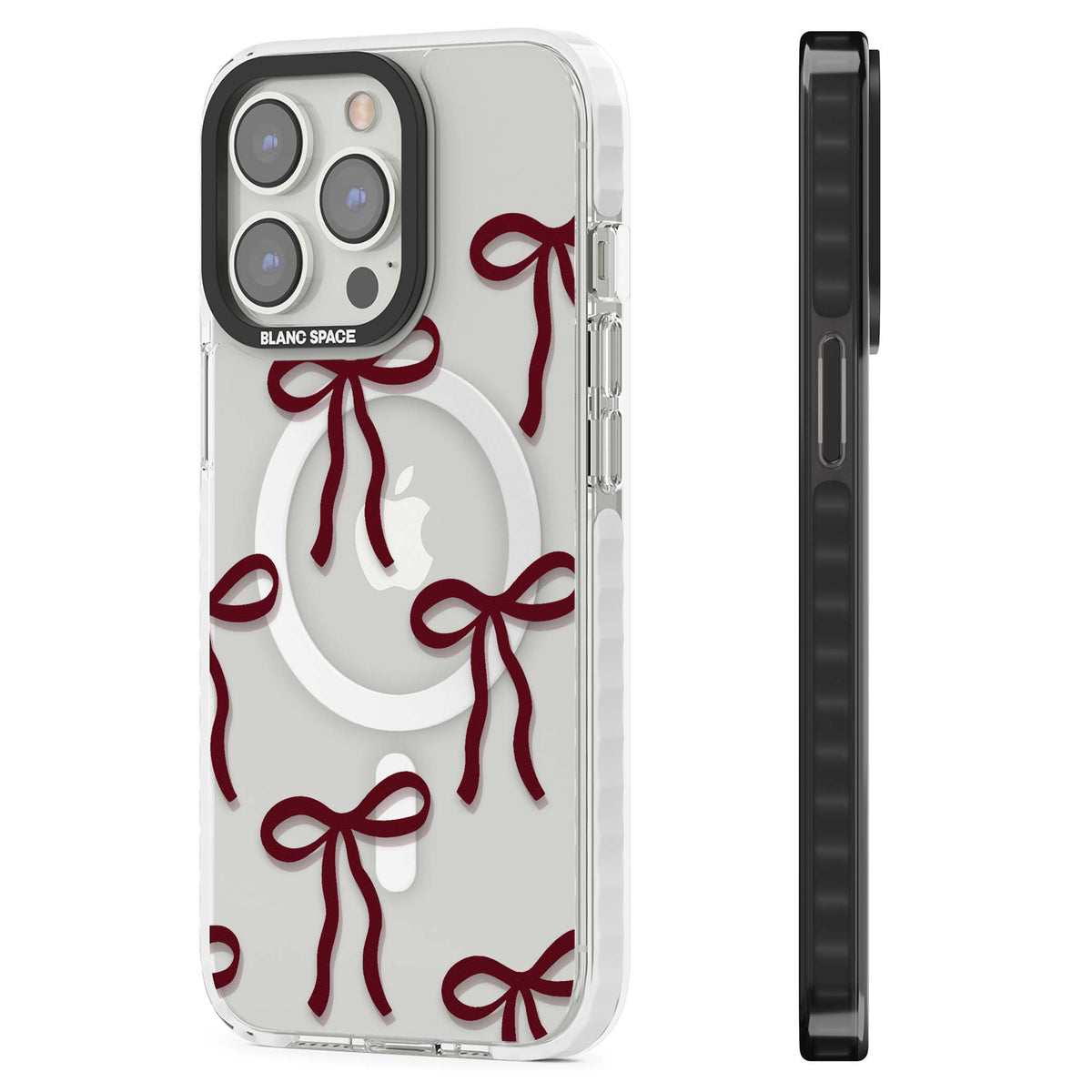 Burgundy Bows iPhone 13 Pro / iPhone 13 Pro Max / iPhone 14 Pro / iPhone 14 Pro Max / iPhone 15 Pro / iPhone 15 Pro Max Impact Pro Clear Phone Case side