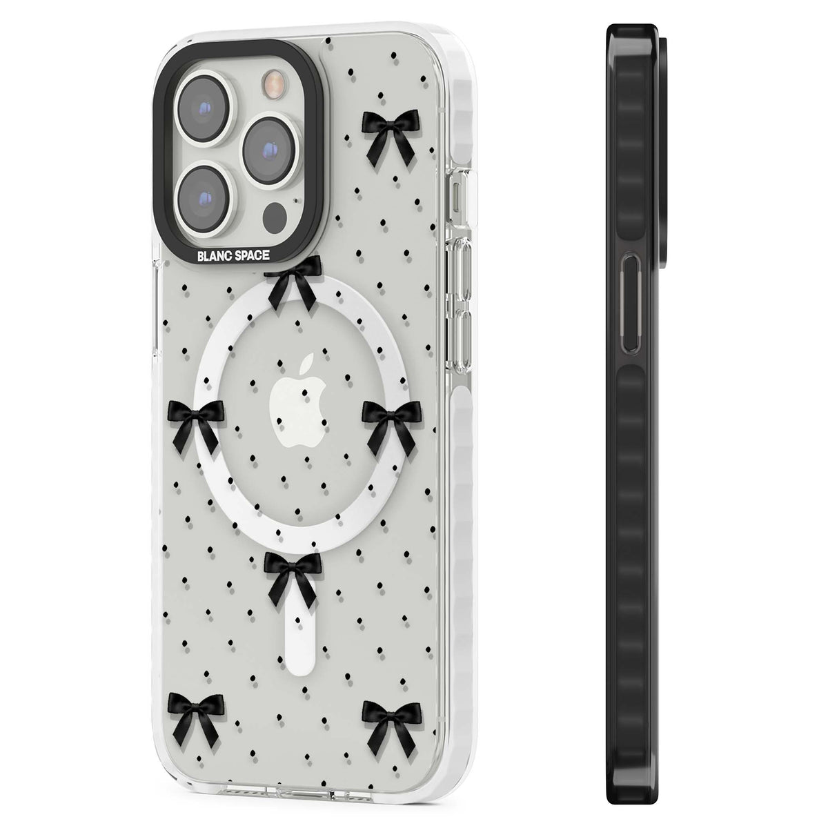 Black Polka Bows coquette iPhone case featuring scattered black satin bows and tiny polka dots on a clear base | Impact Magsafe case for iPhone 13 Pro, iPhone 14 Pro, iPhone 15 Pro