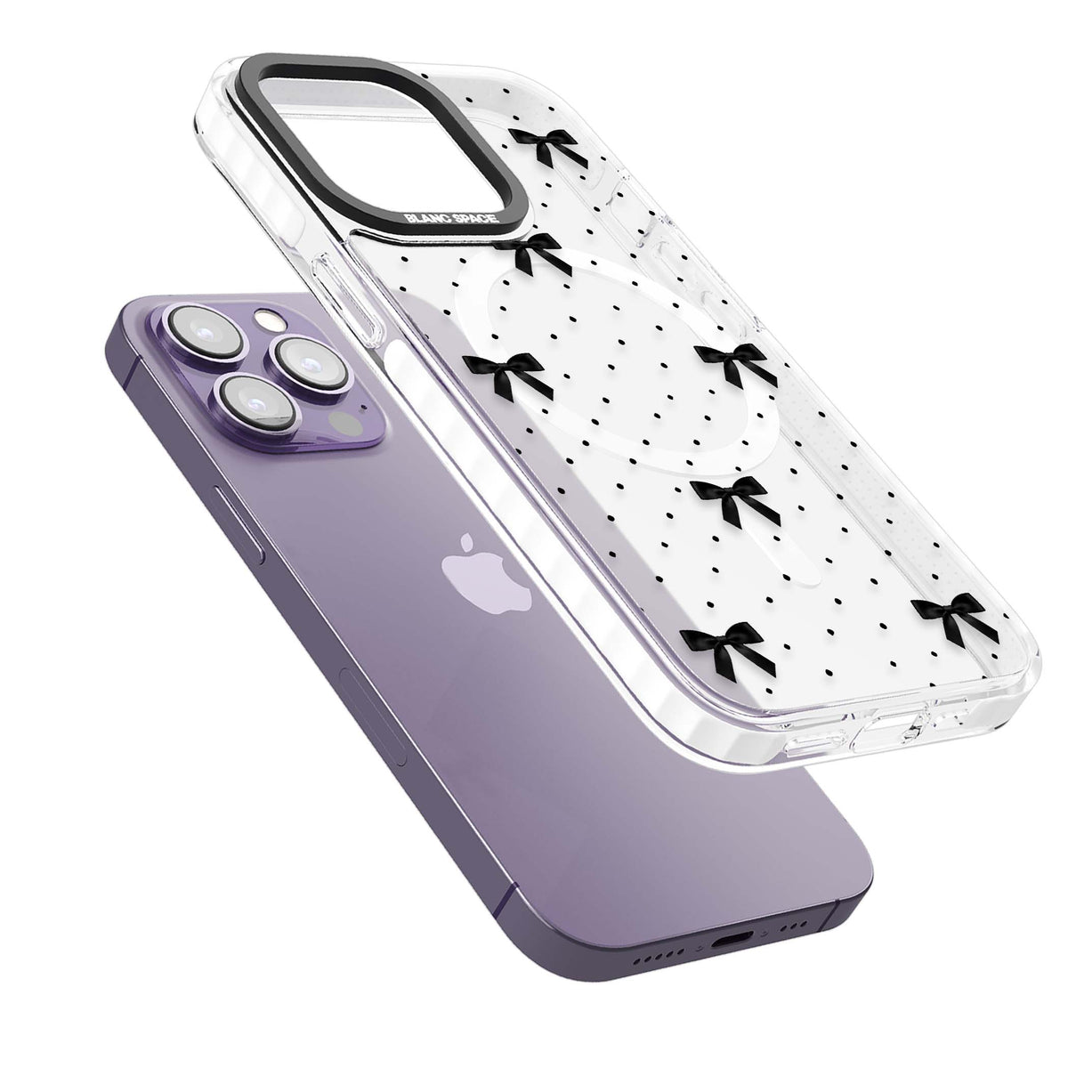 Black Polka Bows coquette iPhone case featuring scattered black satin bows and tiny polka dots on a clear base | Impact Magsafe case for iPhone 13 Pro, iPhone 14 Pro, iPhone 15 Pro
