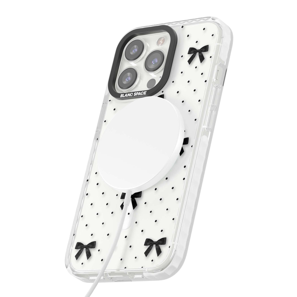 Black Polka Bows coquette iPhone case featuring scattered black satin bows and tiny polka dots on a clear base | Impact Magsafe case for iPhone 13 Pro, iPhone 14 Pro, iPhone 15 Pro