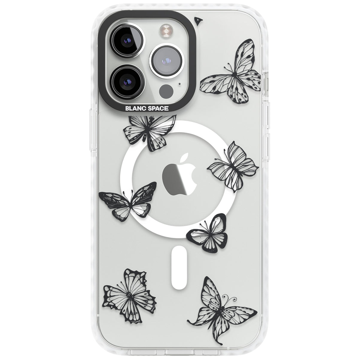Grey Butterfly Line Pattern iPhone 13 Pro / iPhone 13 Pro Max / iPhone 14 Pro / iPhone 14 Pro Max / iPhone 15 Pro / iPhone 15 Pro Max Impact Pro Clear Phone Case front