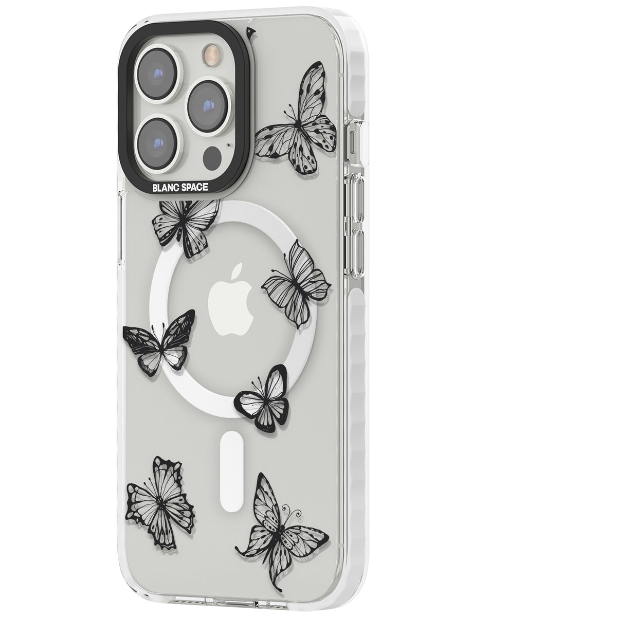 Grey Butterfly Line Pattern iPhone 13 Pro / iPhone 13 Pro Max / iPhone 14 Pro / iPhone 14 Pro Max / iPhone 15 Pro / iPhone 15 Pro Max Impact Pro Clear Phone Case side