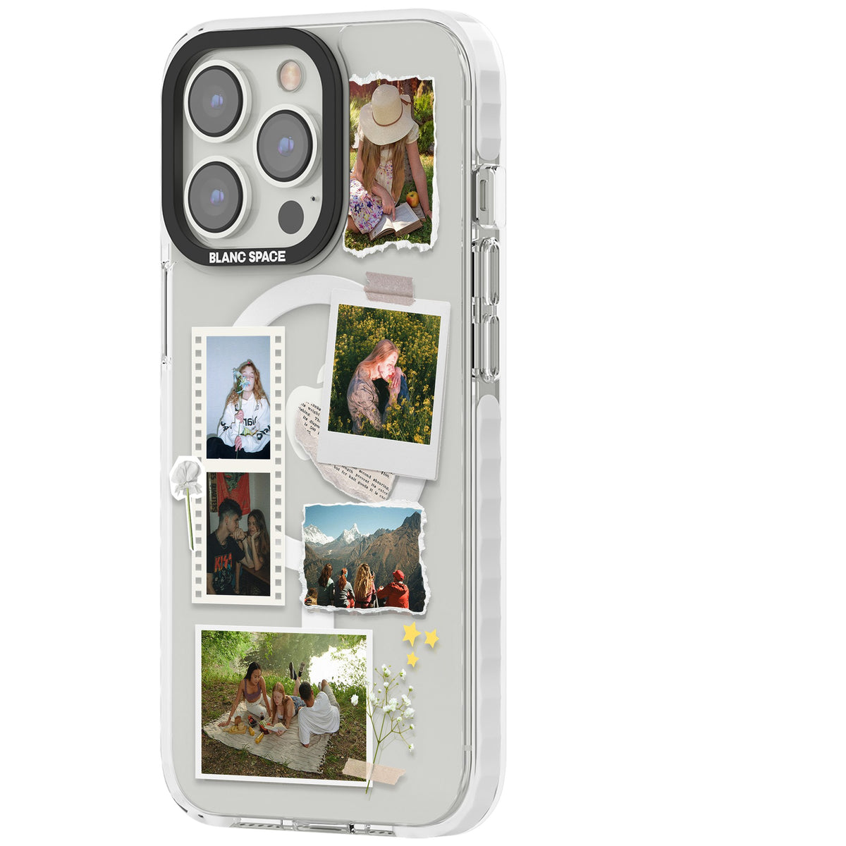 Personalised Scrapbook Instant Photos iPhone 13 Pro / iPhone 13 Pro Max / iPhone 14 Pro / iPhone 14 Pro Max / iPhone 15 Pro / iPhone 15 Pro Max Impact Pro Clear Phone Case side