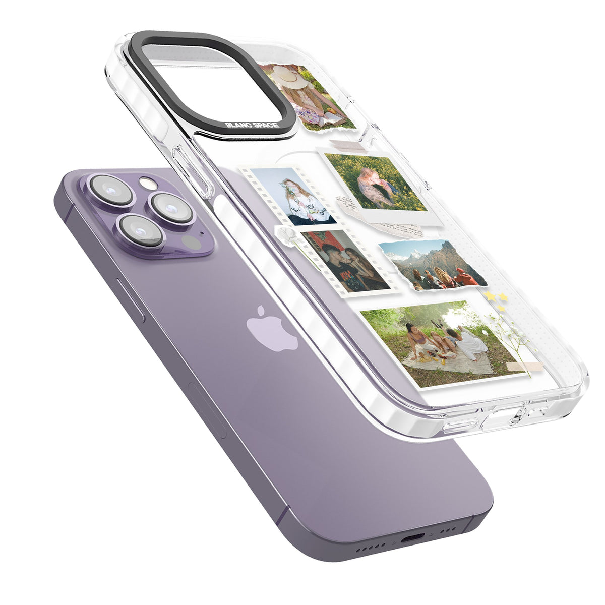 Personalised Scrapbook Instant Photos iPhone 13 Pro / iPhone 13 Pro Max / iPhone 14 Pro / iPhone 14 Pro Max / iPhone 15 Pro / iPhone 15 Pro Max Impact Pro Clear Phone Case angled