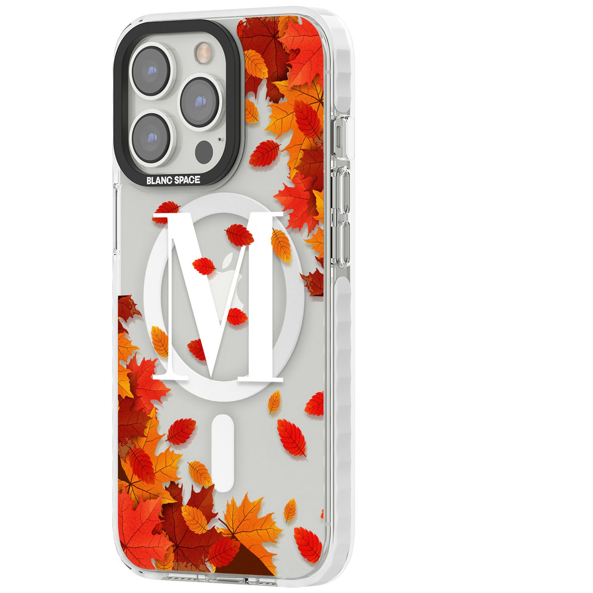 Personalised Autumn Leaves Monogram iPhone 13 Pro / iPhone 13 Pro Max / iPhone 14 Pro / iPhone 14 Pro Max / iPhone 15 Pro / iPhone 15 Pro Max Impact Pro Clear Phone Case side