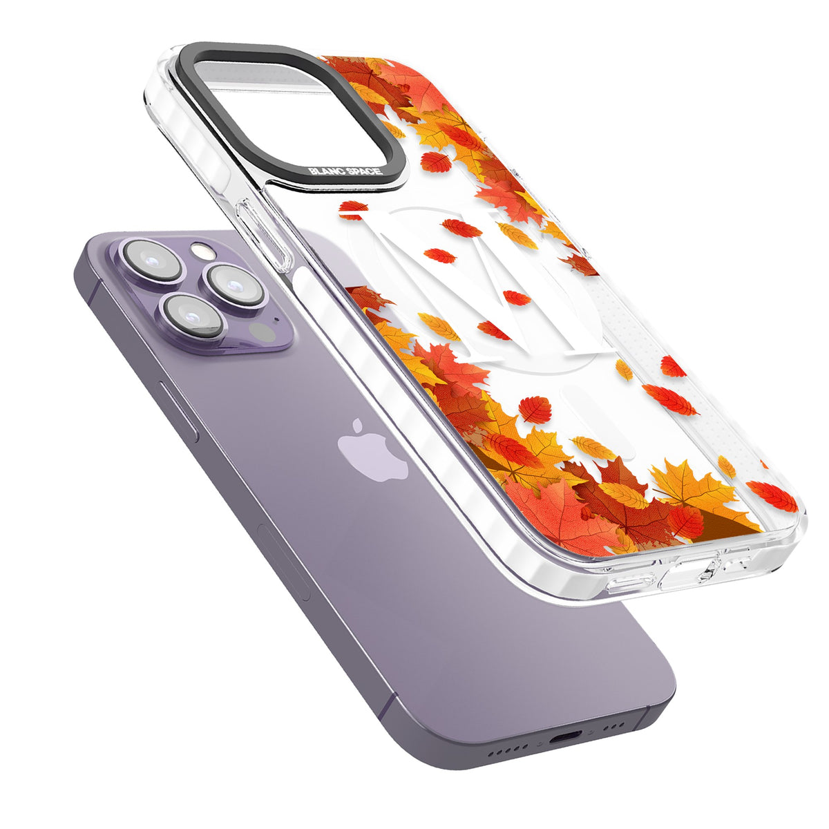 Personalised Autumn Leaves Monogram iPhone 13 Pro / iPhone 13 Pro Max / iPhone 14 Pro / iPhone 14 Pro Max / iPhone 15 Pro / iPhone 15 Pro Max Impact Pro Clear Phone Case angled