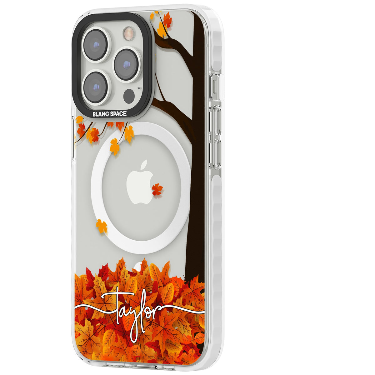 Personalised Autumn Leaves iPhone 13 Pro / iPhone 13 Pro Max / iPhone 14 Pro / iPhone 14 Pro Max / iPhone 15 Pro / iPhone 15 Pro Max Impact Pro Clear Phone Case side