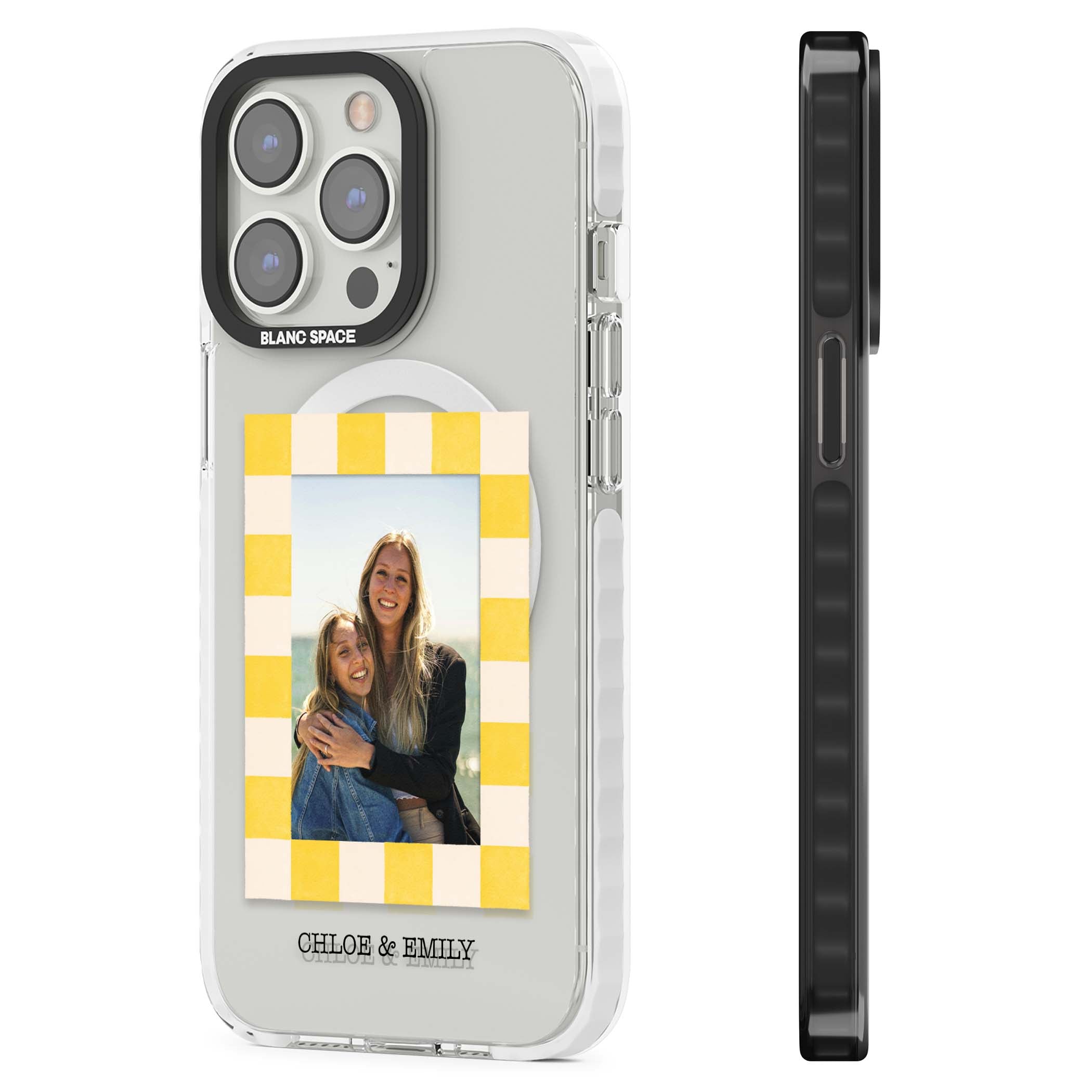 Yellow Check Photo personalised iPhone case with yellow checkered Polaroid frame and custom names beneath | Impact Magsafe case for iPhone 13 Pro, iPhone 14 Pro, iPhone 15 Pro