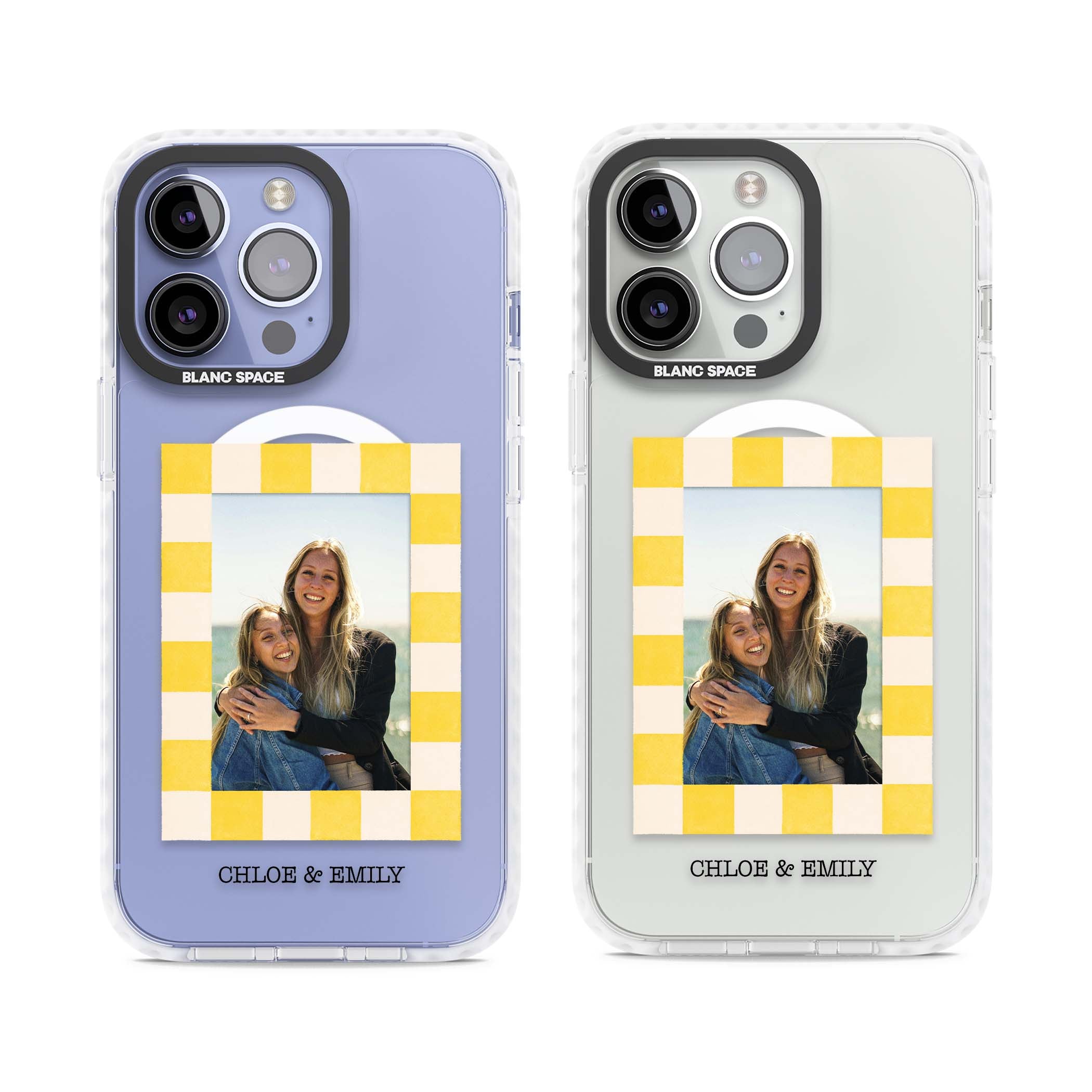 Yellow Check Photo personalised iPhone case with yellow checkered Polaroid frame and custom names beneath | Impact Magsafe case for iPhone 13 Pro, iPhone 14 Pro, iPhone 15 Pro