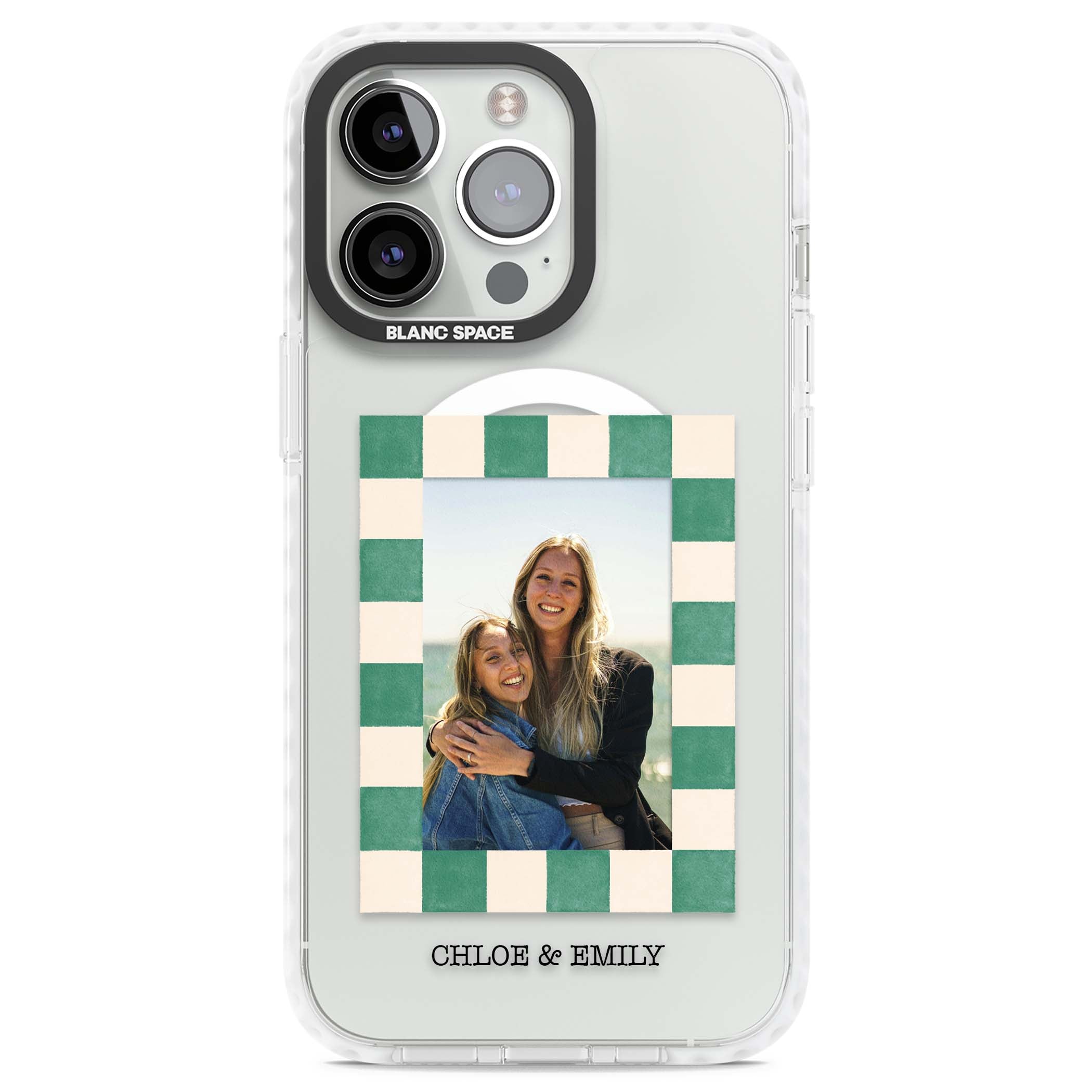 Seafoam Check Photo personalised iPhone case featuring a custom polaroid photo, green and cream checkered frame, and custom n | Impact Magsafe case for iPhone 13 Pro, iPhone 14 Pro, iPhone 15 Pro