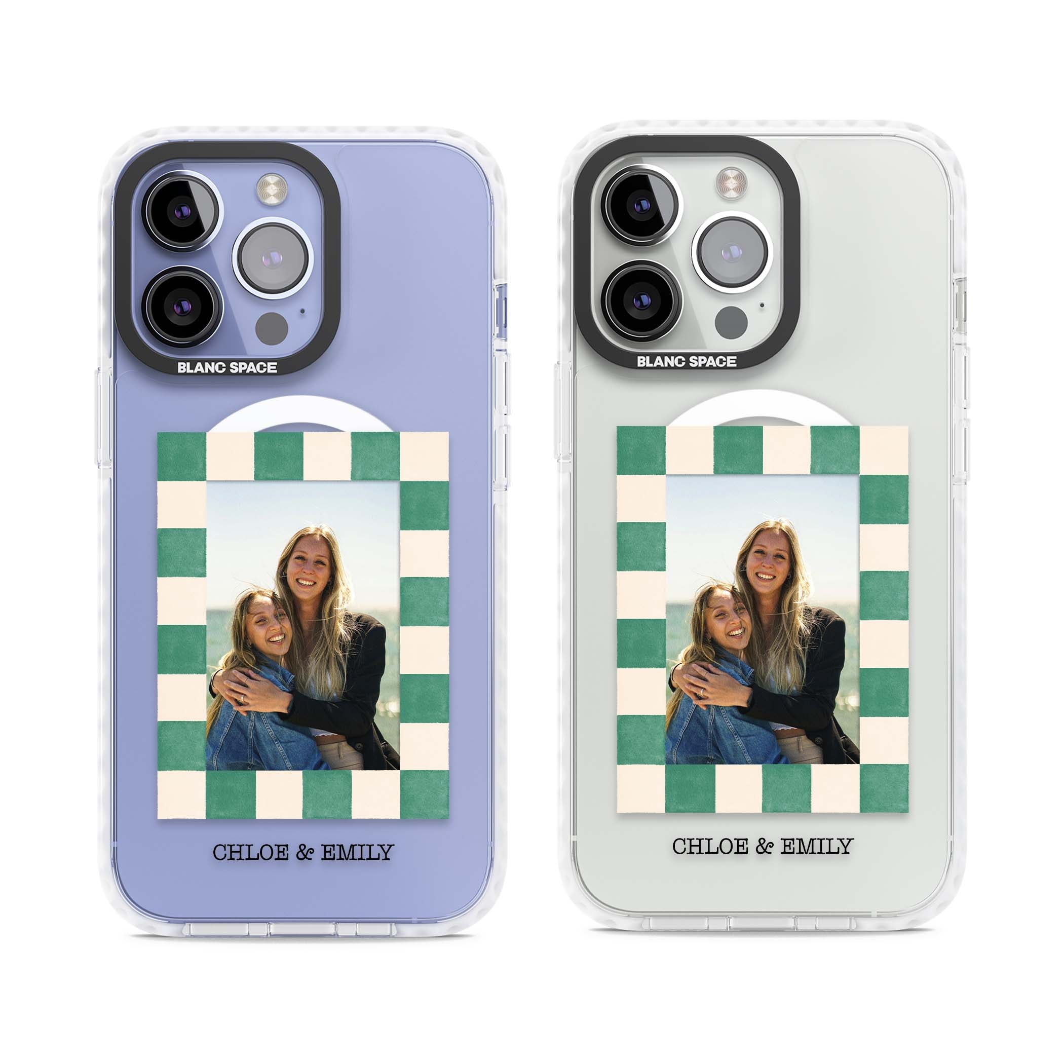 Seafoam Check Photo personalised iPhone case featuring a custom polaroid photo, green and cream checkered frame, and custom n | Impact Magsafe case for iPhone 13 Pro, iPhone 14 Pro, iPhone 15 Pro