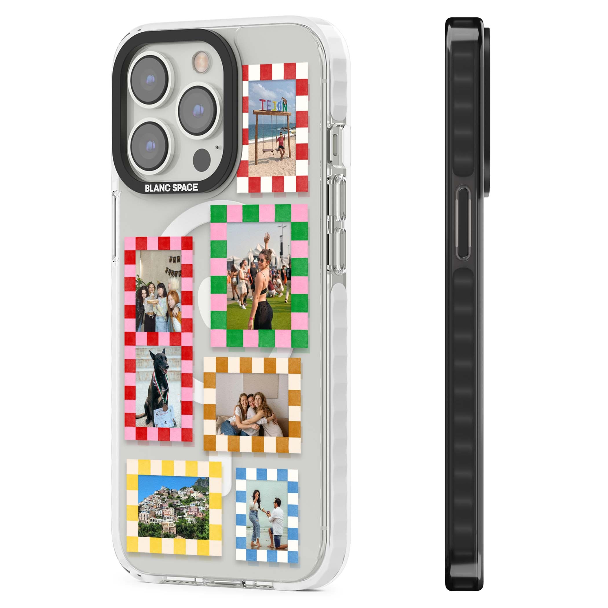 Italian Check Frames custom photo collage iPhone case featuring six checkered photo frames in red, green, pink and | Impact Magsafe case for iPhone 13 Pro, iPhone 14 Pro, iPhone 15 Pro