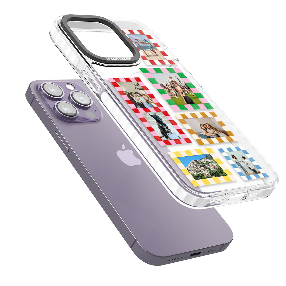 Personalised Italian Check Frames iPhone 13 Pro / iPhone 13 Pro Max / iPhone 14 Pro / iPhone 14 Pro Max / iPhone 15 Pro / iPhone 15 Pro Max Impact Pro Clear Phone Case angled