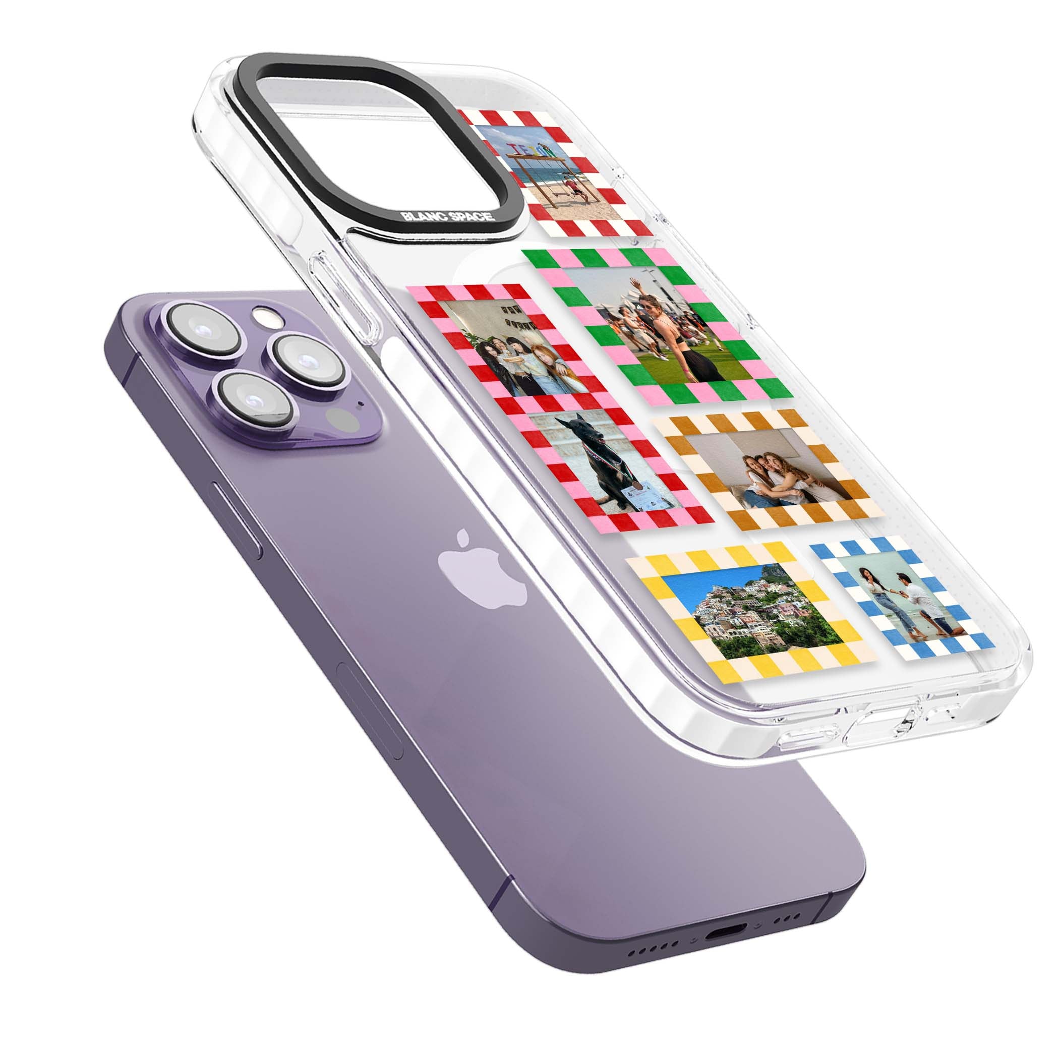 Italian Check Frames custom photo collage iPhone case featuring six checkered photo frames in red, green, pink and | Impact Magsafe case for iPhone 13 Pro, iPhone 14 Pro, iPhone 15 Pro
