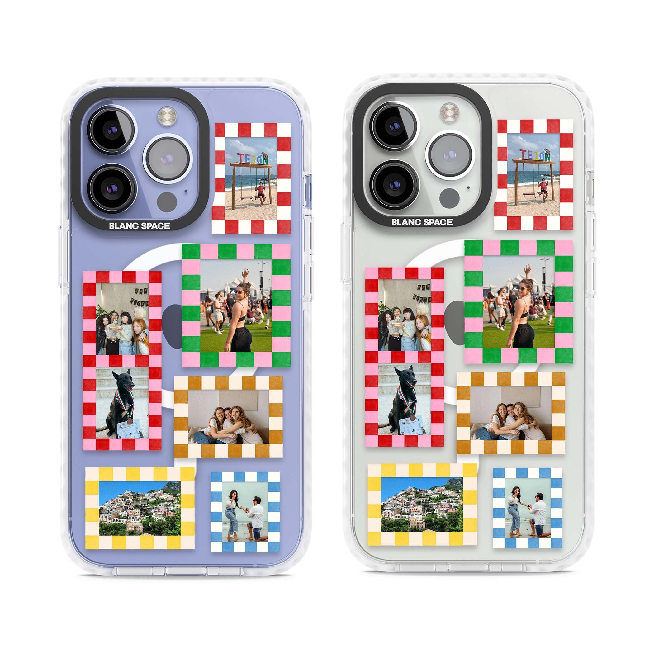 Italian Check Frames custom photo collage iPhone case featuring six checkered photo frames in red, green, pink and | Impact Magsafe case for iPhone 13 Pro, iPhone 14 Pro, iPhone 15 Pro