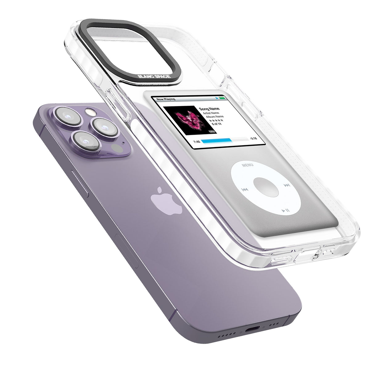 Personalised Classic Ipod iPhone 13 Pro / iPhone 13 Pro Max / iPhone 14 Pro / iPhone 14 Pro Max / iPhone 15 Pro / iPhone 15 Pro Max Impact Pro Clear Phone Case angled