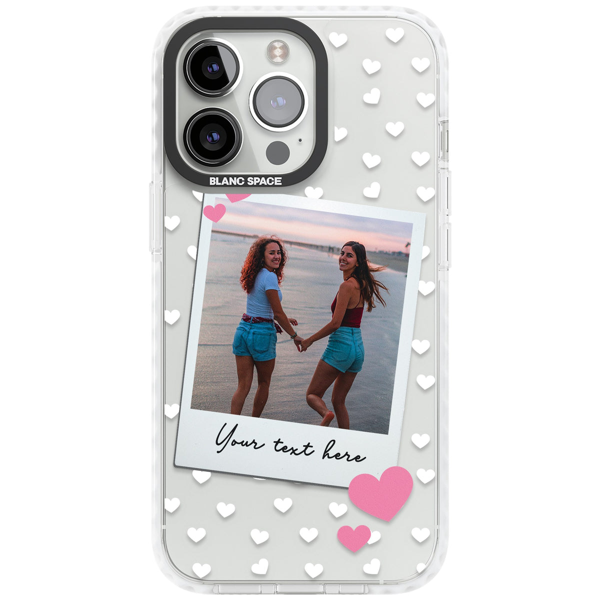 Personalised Hearts Instant Camera Photo iPhone 13 Pro / iPhone 13 Pro Max / iPhone 14 Pro / iPhone 14 Pro Max / iPhone 15 Pro / iPhone 15 Pro Max Impact Pro Clear Phone Case front
