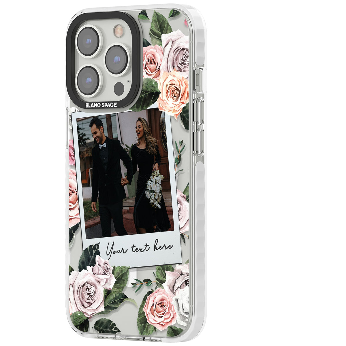 Personalised Floral Polaroid iPhone 13 Pro / iPhone 13 Pro Max / iPhone 14 Pro / iPhone 14 Pro Max / iPhone 15 Pro / iPhone 15 Pro Max Impact Pro Clear Phone Case side