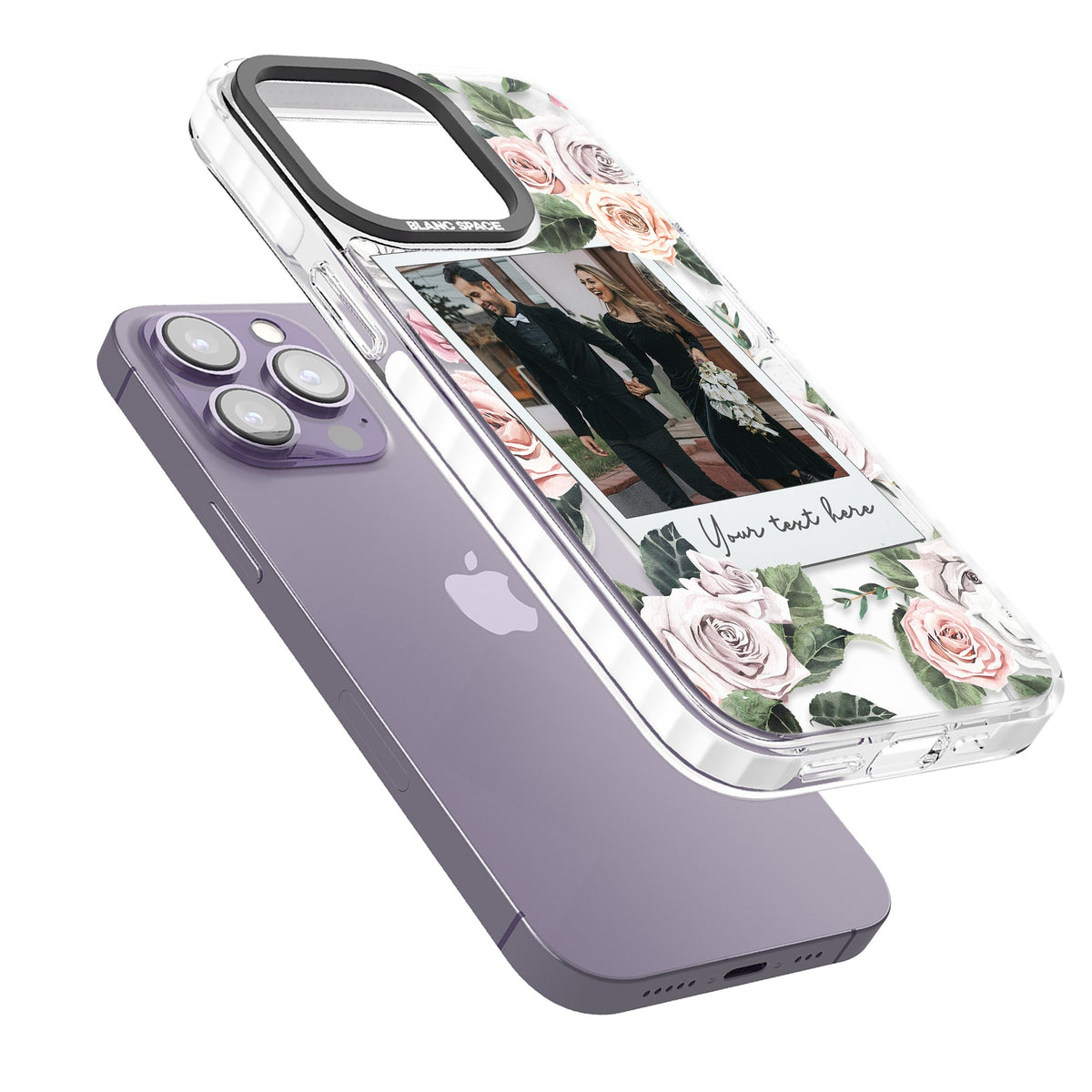 Personalised Floral Polaroid iPhone 13 Pro / iPhone 13 Pro Max / iPhone 14 Pro / iPhone 14 Pro Max / iPhone 15 Pro / iPhone 15 Pro Max Impact Pro Clear Phone Case angled