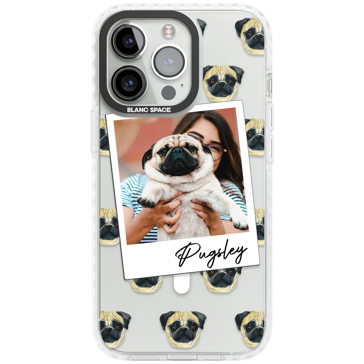 Personalised Pug Instant Camera Photo iPhone 13 Pro / iPhone 13 Pro Max / iPhone 14 Pro / iPhone 14 Pro Max / iPhone 15 Pro / iPhone 15 Pro Max Impact Pro Clear Phone Case front