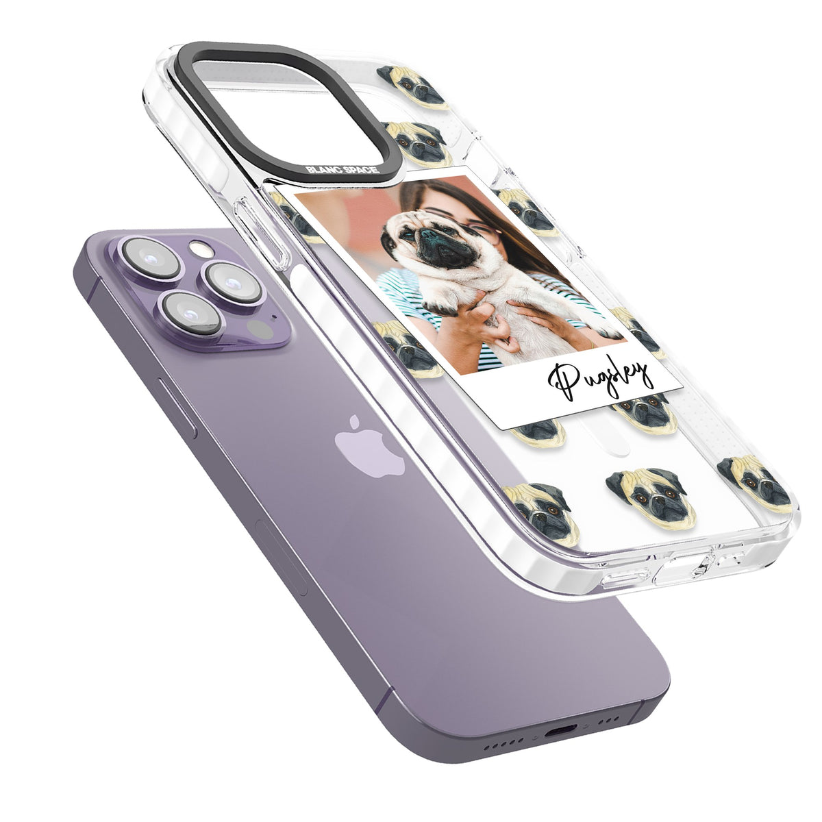 Personalised Pug Instant Camera Photo iPhone 13 Pro / iPhone 13 Pro Max / iPhone 14 Pro / iPhone 14 Pro Max / iPhone 15 Pro / iPhone 15 Pro Max Impact Pro Clear Phone Case angled