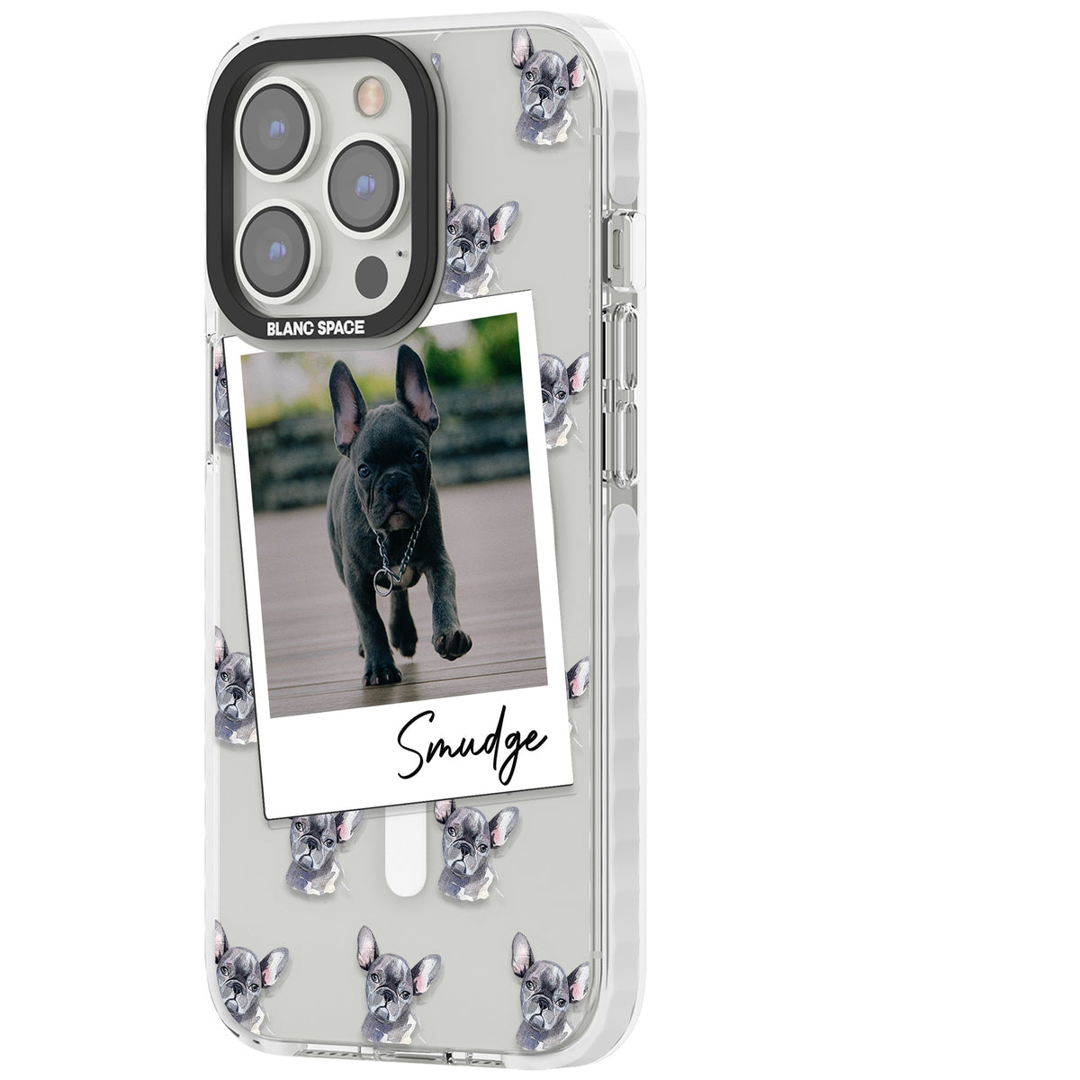 Personalised Grey French Bulldog Instant Camera Photo iPhone 13 Pro / iPhone 13 Pro Max / iPhone 14 Pro / iPhone 14 Pro Max / iPhone 15 Pro / iPhone 15 Pro Max Impact Pro Clear Phone Case side