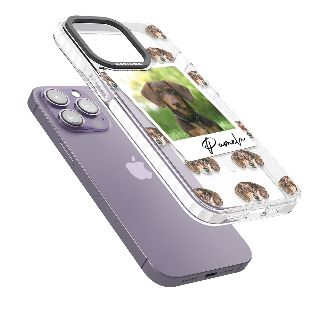 Personalised Brown Dachshund Instant Camera Photo iPhone 13 Pro / iPhone 13 Pro Max / iPhone 14 Pro / iPhone 14 Pro Max / iPhone 15 Pro / iPhone 15 Pro Max Impact Pro Clear Phone Case angled
