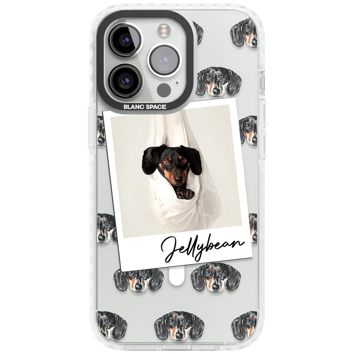 Personalised Black Dachshund Instant Camera Photo iPhone 13 Pro / iPhone 13 Pro Max / iPhone 14 Pro / iPhone 14 Pro Max / iPhone 15 Pro / iPhone 15 Pro Max Impact Pro Clear Phone Case front
