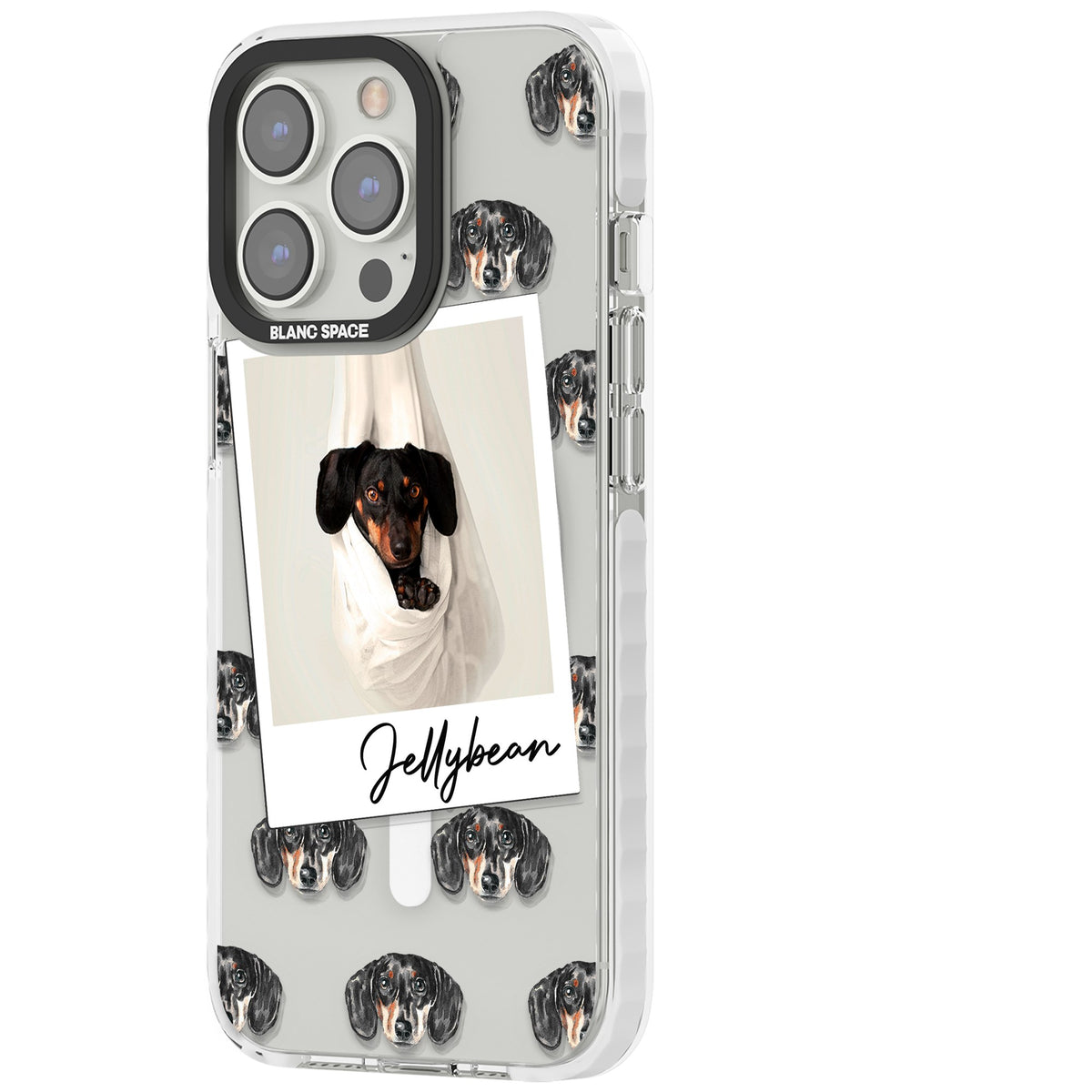 Personalised Black Dachshund Instant Camera Photo iPhone 13 Pro / iPhone 13 Pro Max / iPhone 14 Pro / iPhone 14 Pro Max / iPhone 15 Pro / iPhone 15 Pro Max Impact Pro Clear Phone Case side