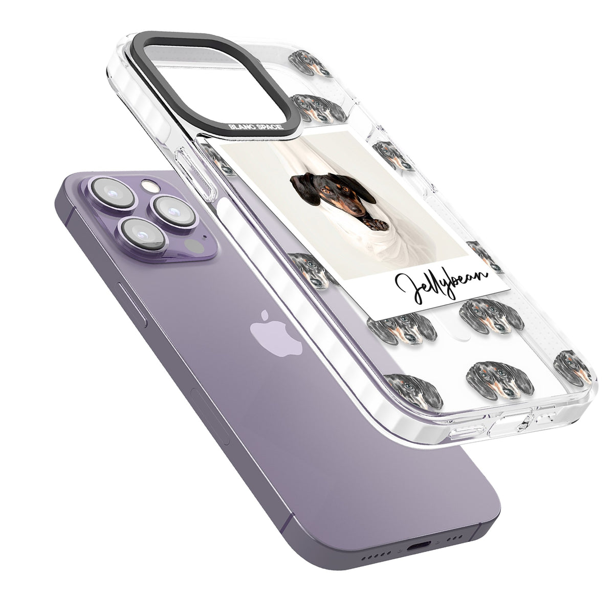 Personalised Black Dachshund Instant Camera Photo iPhone 13 Pro / iPhone 13 Pro Max / iPhone 14 Pro / iPhone 14 Pro Max / iPhone 15 Pro / iPhone 15 Pro Max Impact Pro Clear Phone Case angled