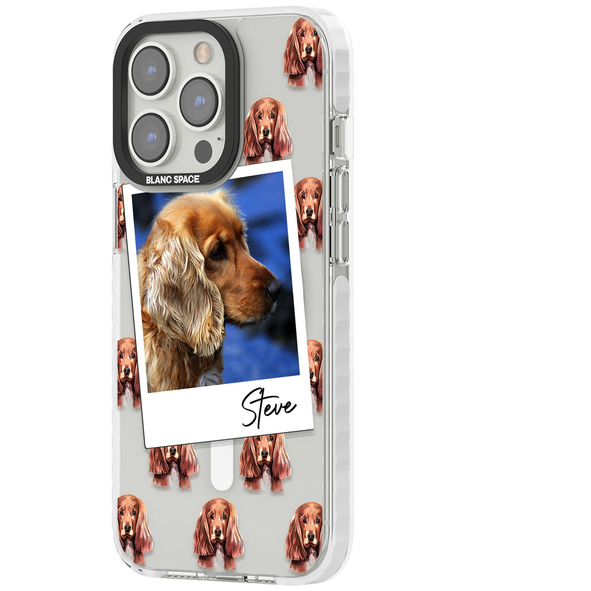 Personalised Cocker Spaniel Instant Camera Photo iPhone 13 Pro / iPhone 13 Pro Max / iPhone 14 Pro / iPhone 14 Pro Max / iPhone 15 Pro / iPhone 15 Pro Max Impact Pro Clear Phone Case side